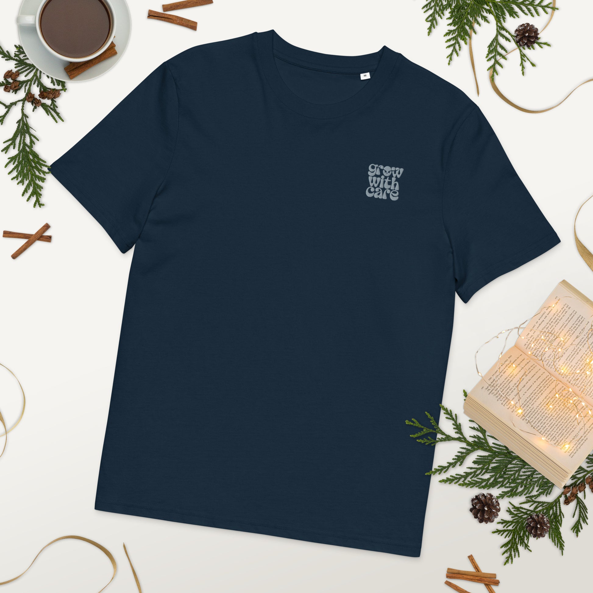 Eco-Friendly Owl Clothing Embroidered Unisex Organic Ribbed Neck T-Shirt "Grow With Care" Dudeily