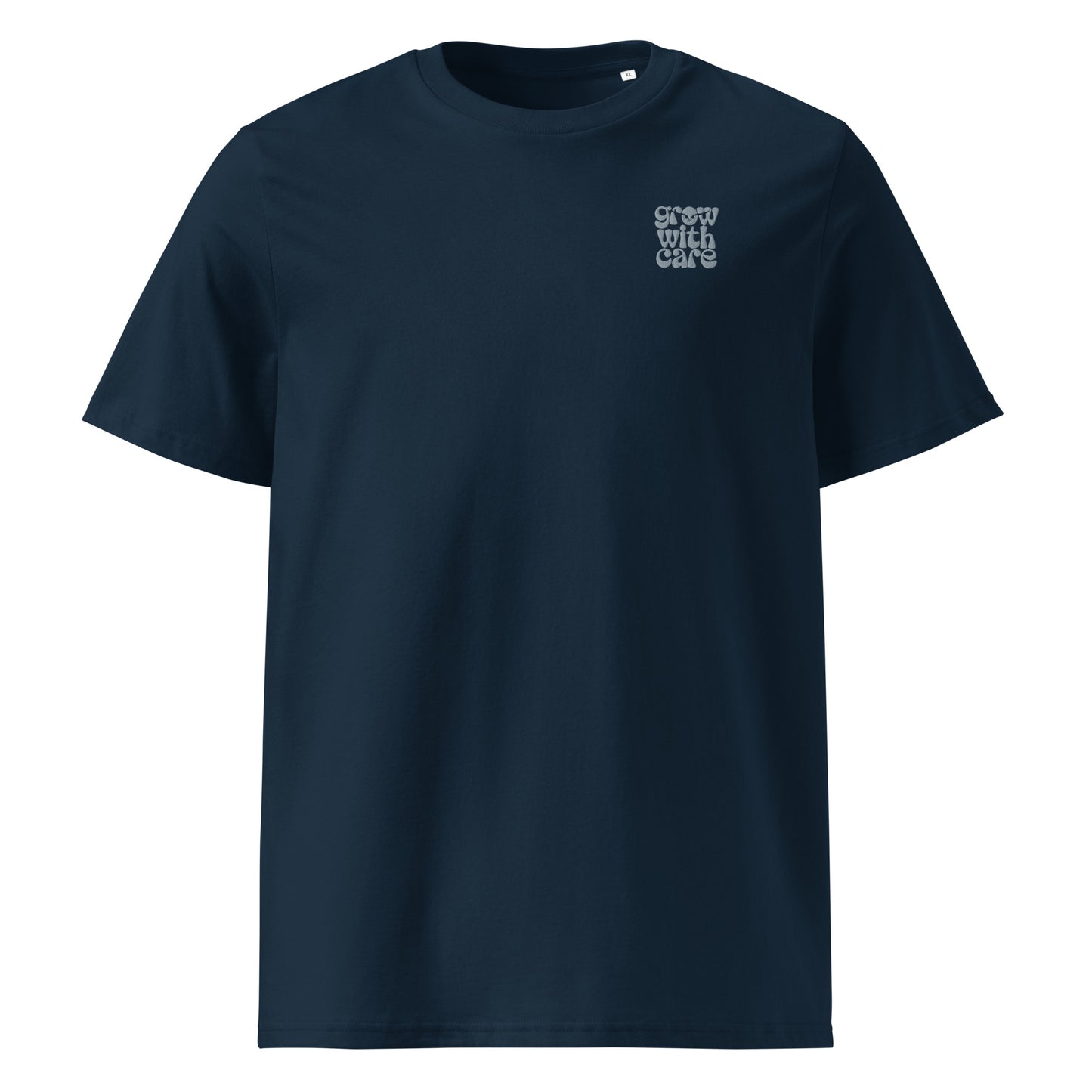 Eco-Friendly Owl Clothing Embroidered Unisex Organic Ribbed Neck T-Shirt "Grow With Care" French Navy Dudeily