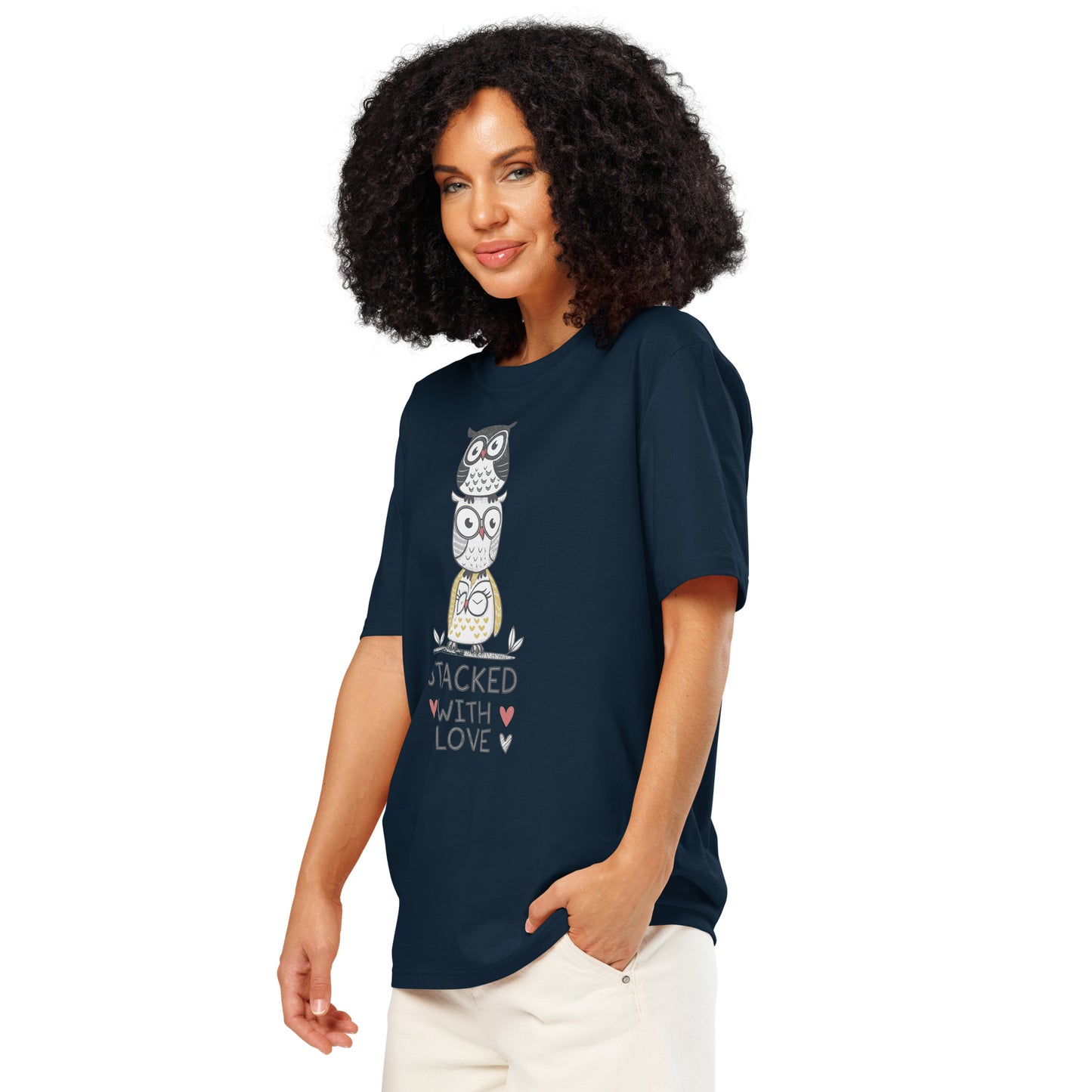 Unisex Organic Ribbed Neck T-Shirt: Stacked with Love | Owl-Themed Sustainable Fashion USA by Dudeily Dudeily