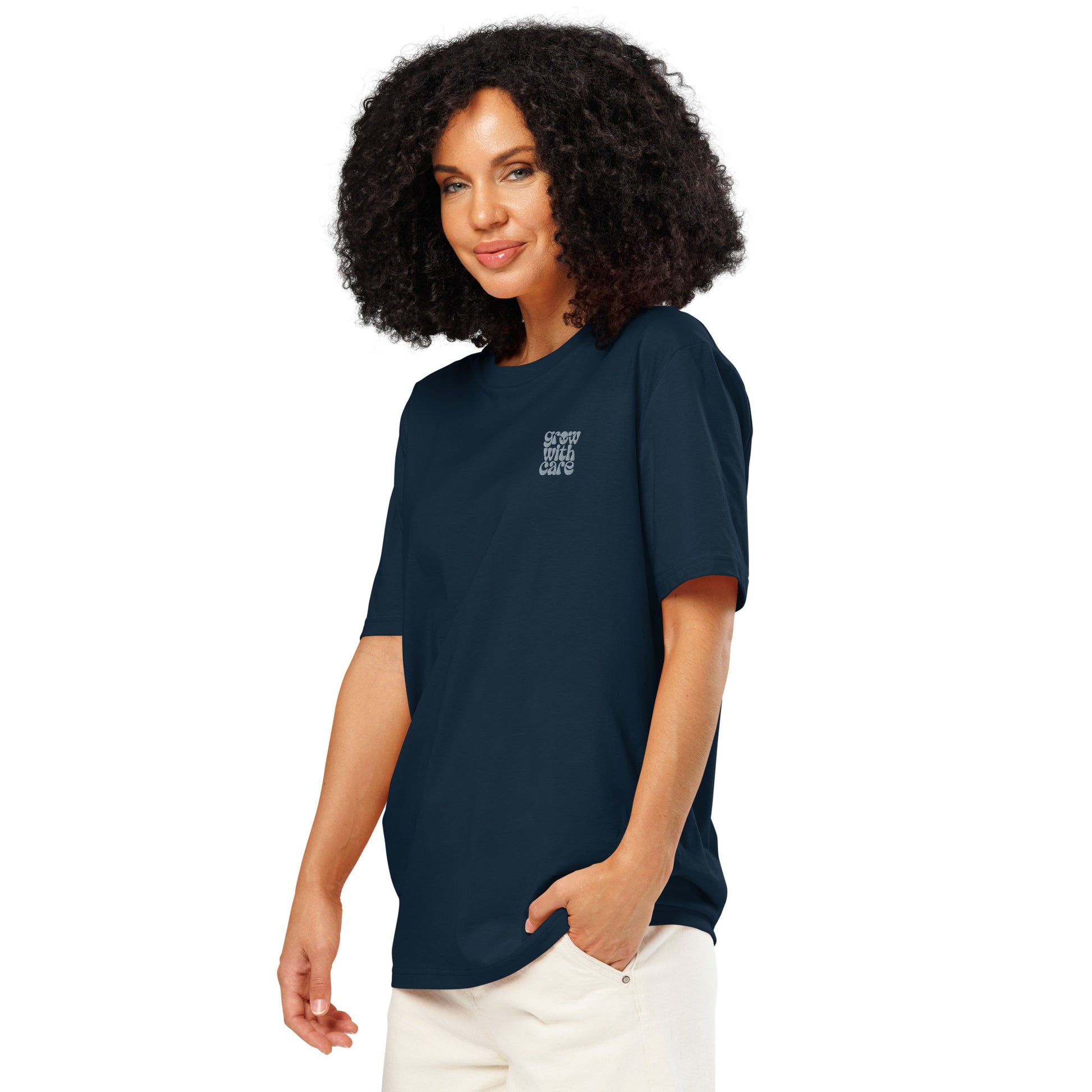 Eco-Friendly Owl Clothing Embroidered Unisex Organic Ribbed Neck T-Shirt "Grow With Care" Dudeily
