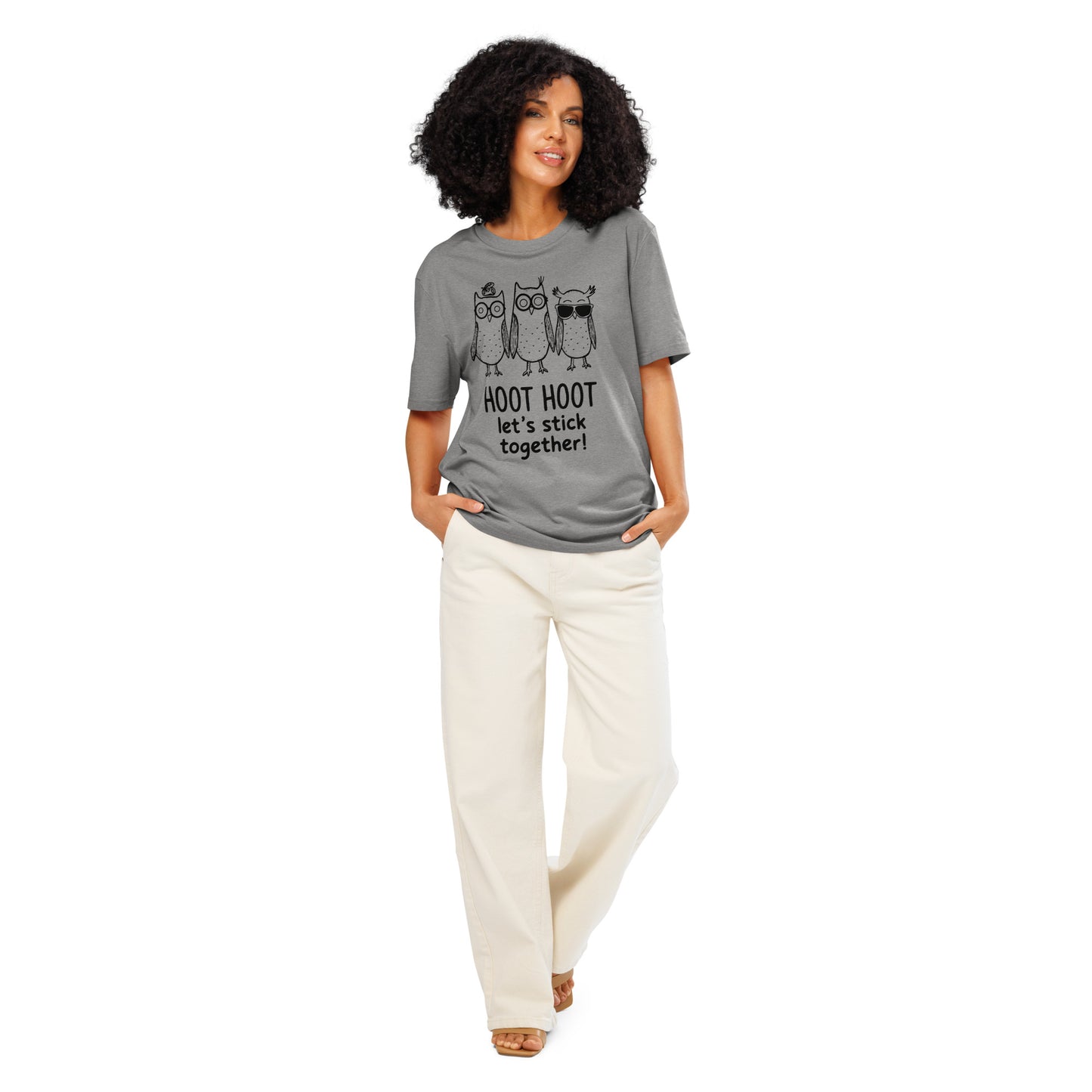 Unisex Organic Ribbed Neck T-Shirt: Hoot Hoot Let’s Stick Together! | Owl-Themed Sustainable Fashion USA Heather Grey Dudeily
