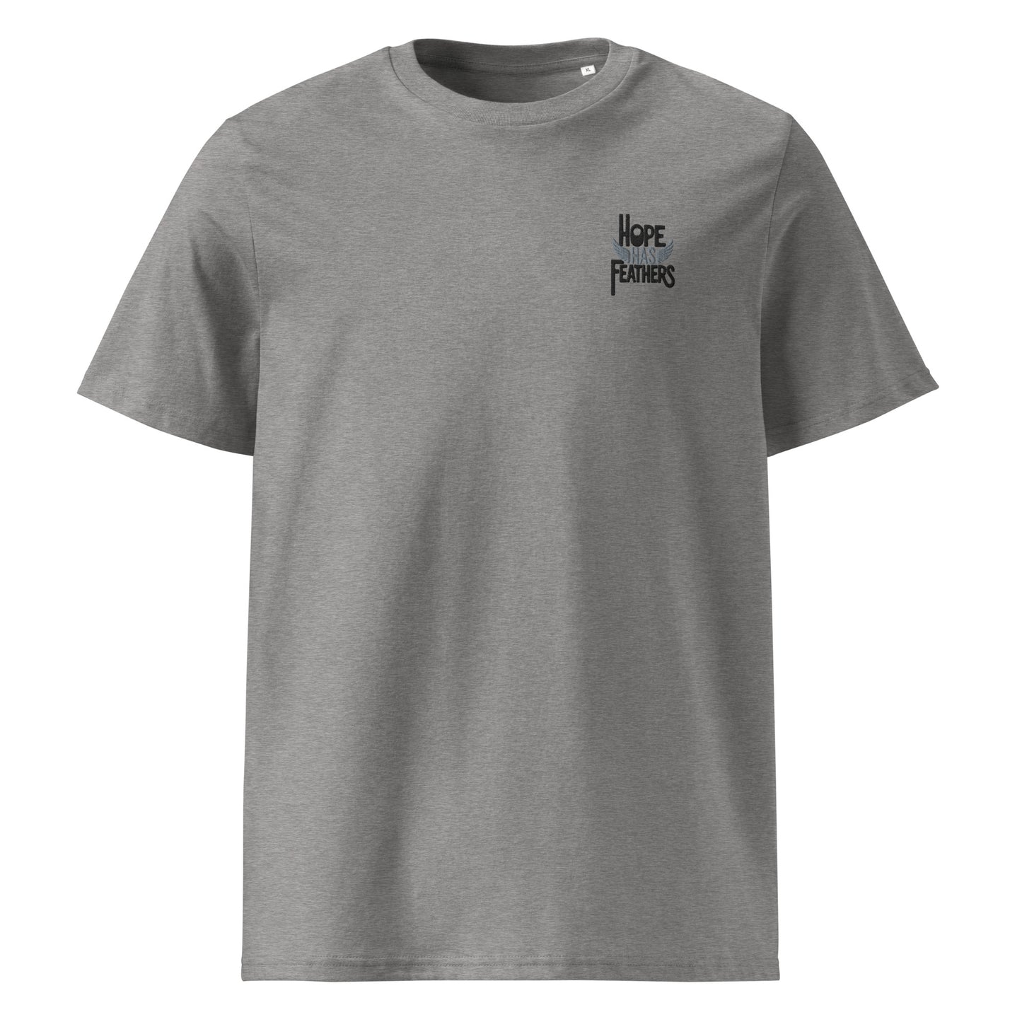 Eco-Friendly Owl Clothing Embroidered Unisex Organic Ribbed Neck T-Shirt "Hope Has Feathers" Heather Grey Dudeily