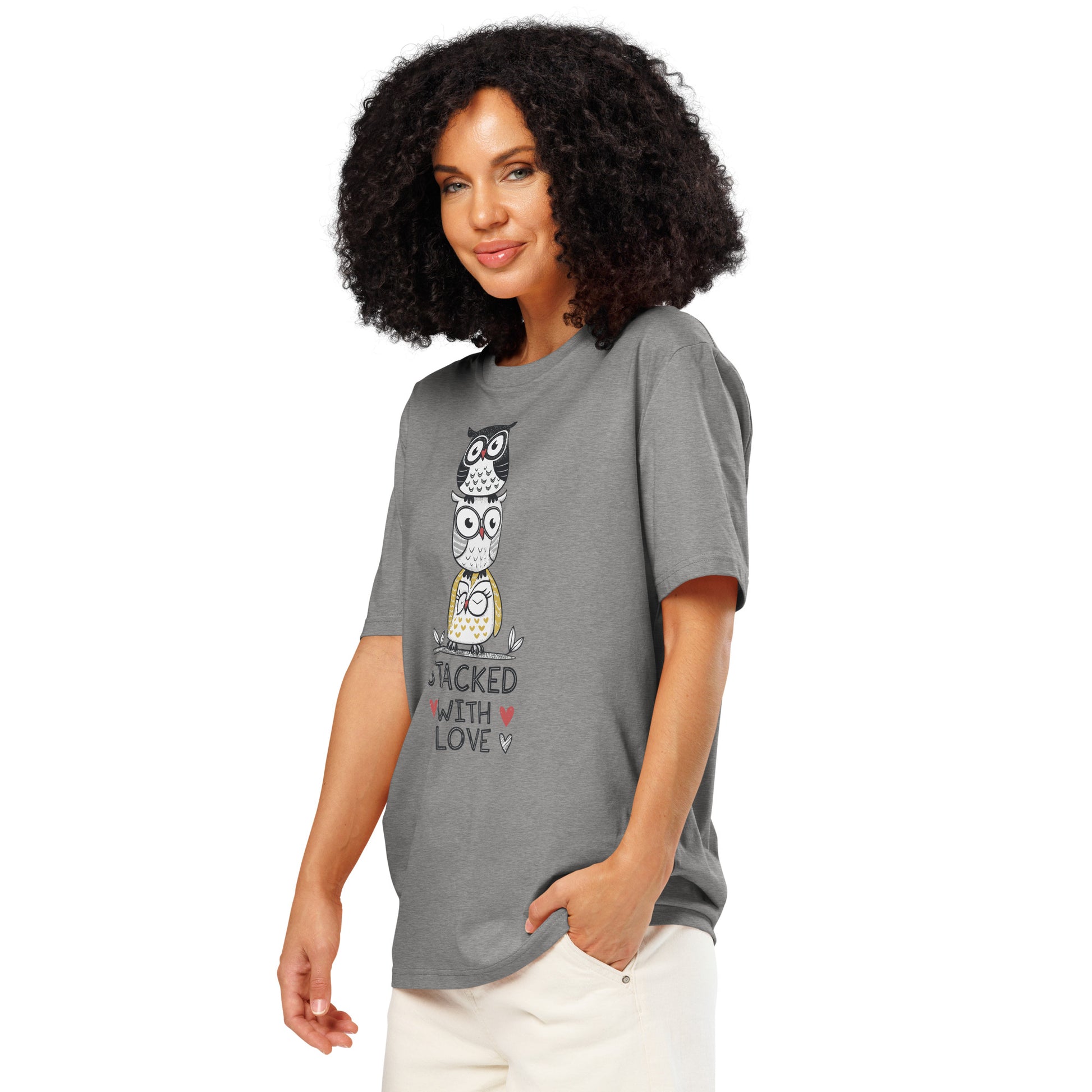 Unisex Organic Ribbed Neck T-Shirt: Stacked with Love | Owl-Themed Sustainable Fashion USA by Dudeily Dudeily