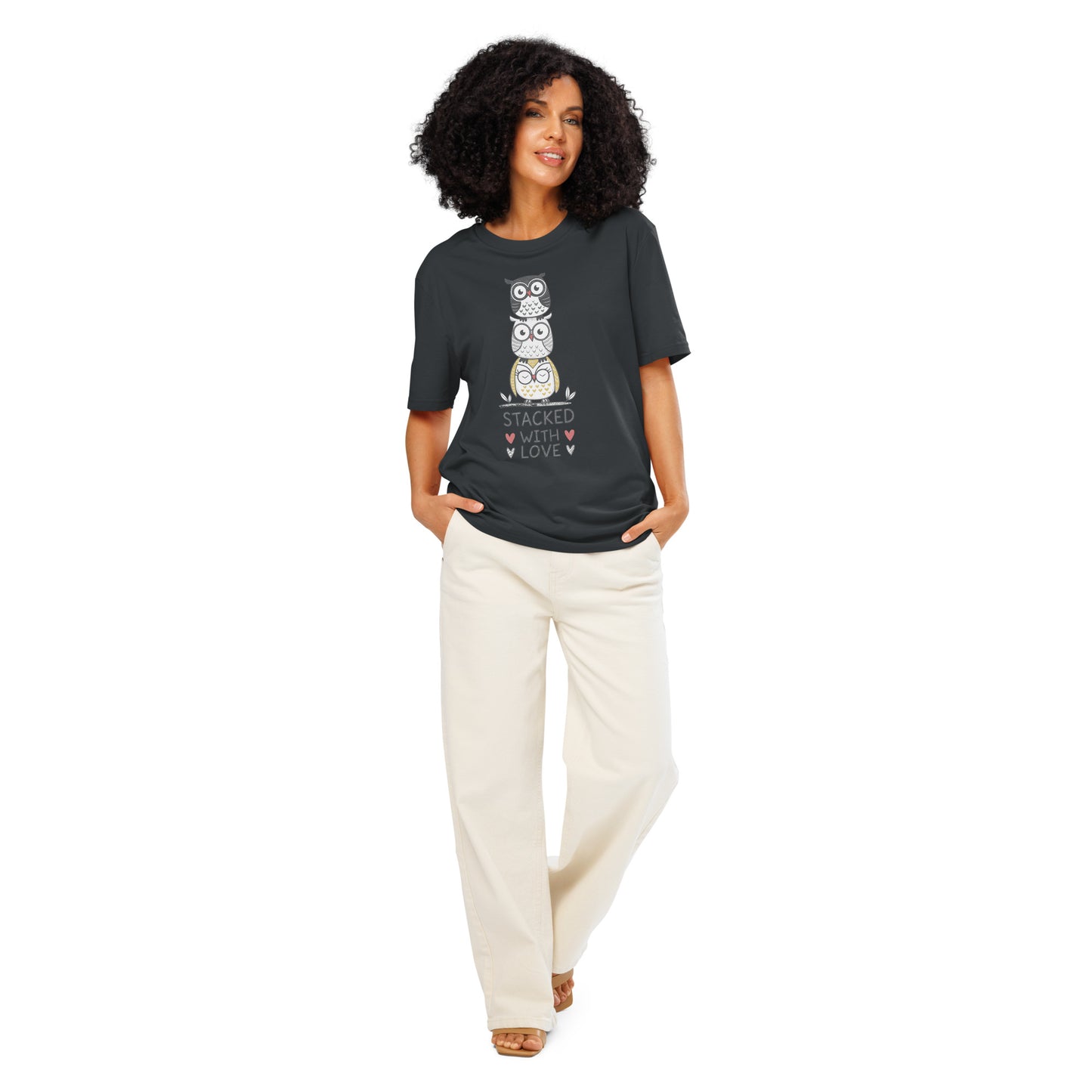 Unisex Organic Ribbed Neck T-Shirt: Stacked with Love | Owl-Themed Sustainable Fashion USA by Dudeily India Ink Grey Dudeily