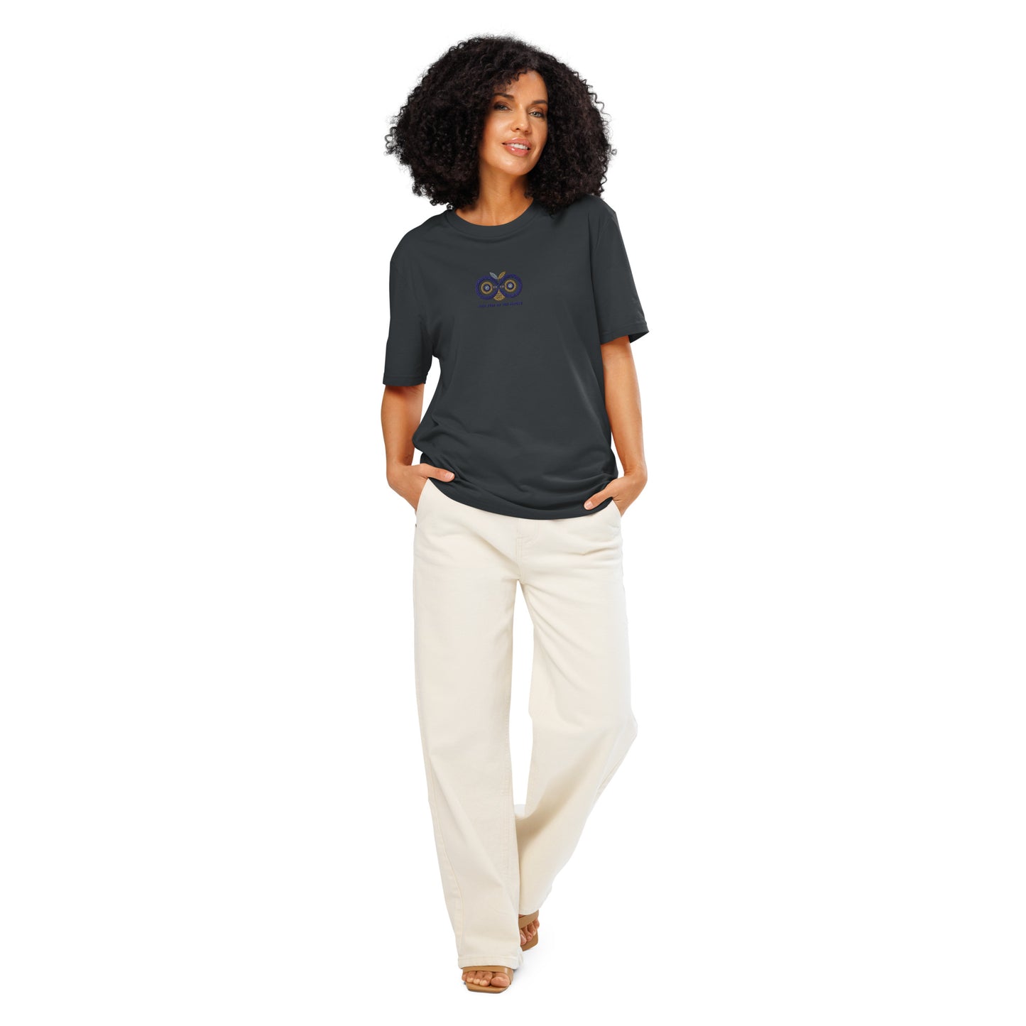 Embroidered Unisex Organic Ribbed Neck T-Shirt – Owl Eyes on the Future | Owl-Themed Sustainable Fashion USA India Ink Grey Dudeily