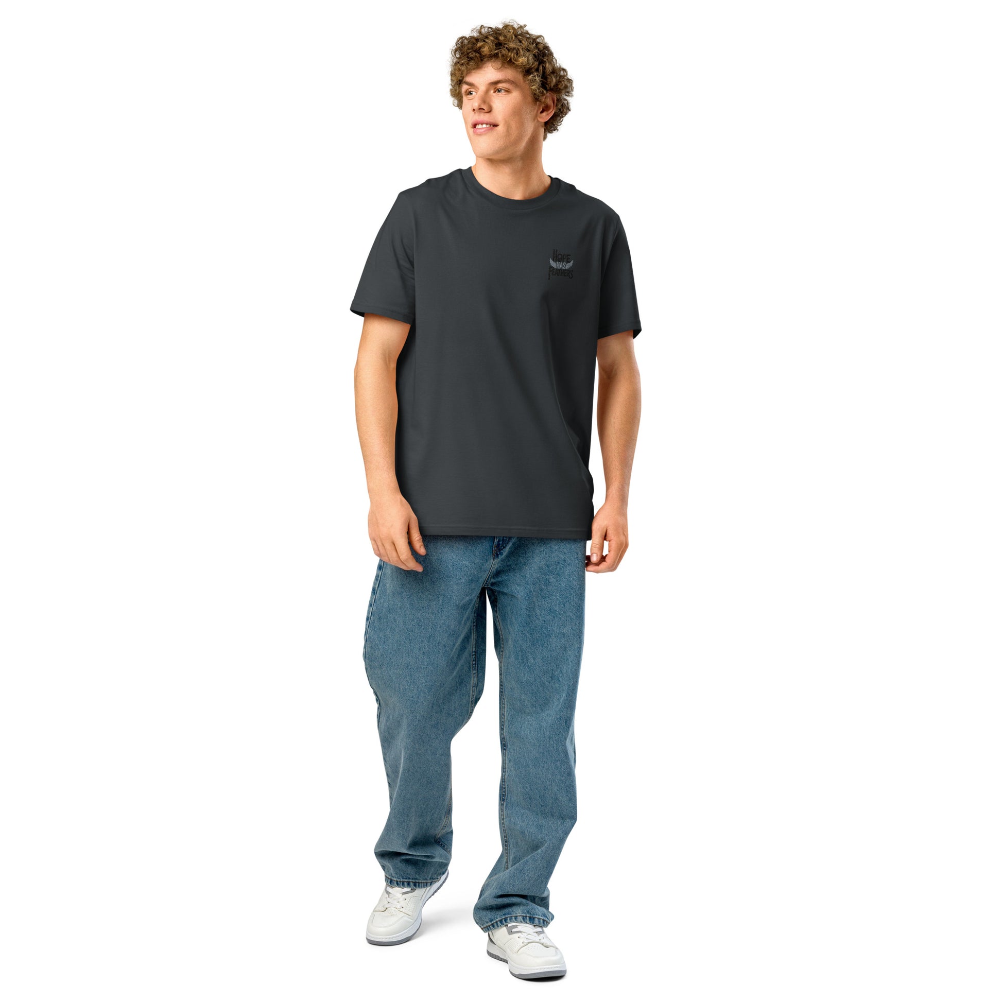 Eco-Friendly Owl Clothing Embroidered Unisex Organic Ribbed Neck T-Shirt "Hope Has Feathers" Dudeily