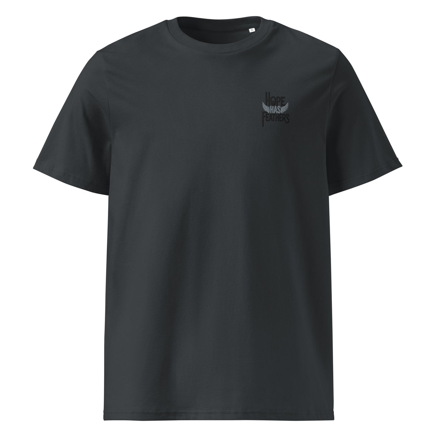 Eco-Friendly Owl Clothing Embroidered Unisex Organic Ribbed Neck T-Shirt "Hope Has Feathers" India Ink Grey Dudeily