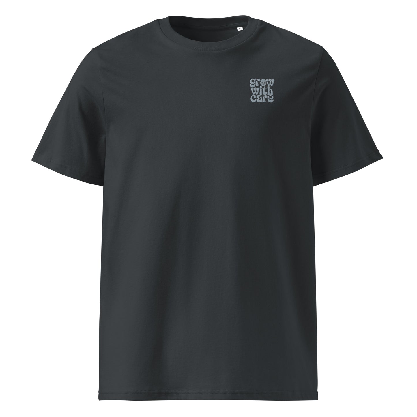Eco-Friendly Owl Clothing Embroidered Unisex Organic Ribbed Neck T-Shirt "Grow With Care" India Ink Grey Dudeily