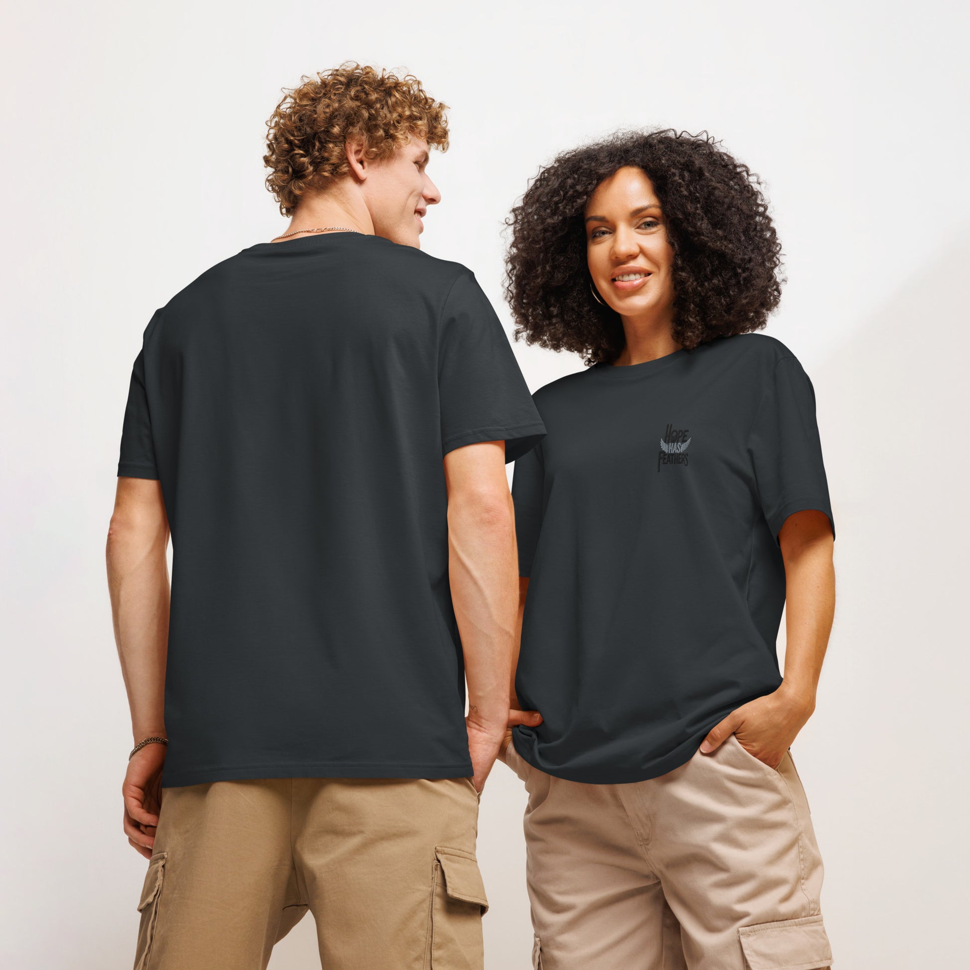Eco-Friendly Owl Clothing Embroidered Unisex Organic Ribbed Neck T-Shirt "Hope Has Feathers" Dudeily