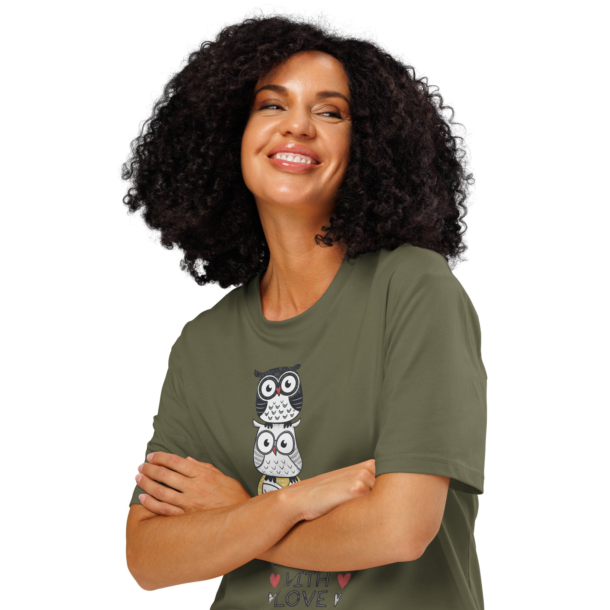 Unisex Organic Ribbed Neck T-Shirt: Stacked with Love | Owl-Themed Sustainable Fashion USA by Dudeily Dudeily