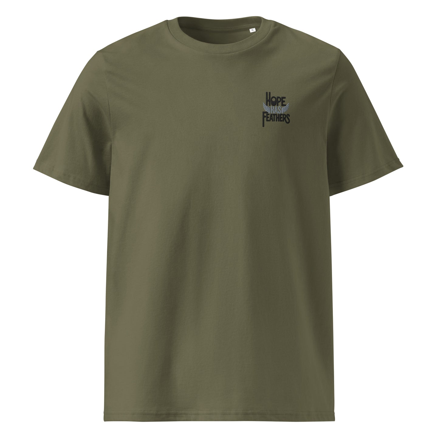 Eco-Friendly Owl Clothing Embroidered Unisex Organic Ribbed Neck T-Shirt "Hope Has Feathers" Khaki Dudeily