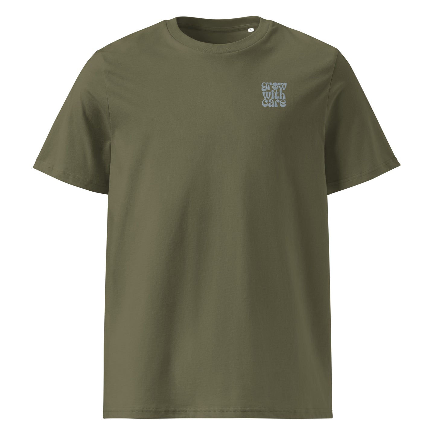 Eco-Friendly Owl Clothing Embroidered Unisex Organic Ribbed Neck T-Shirt "Grow With Care" Khaki Dudeily