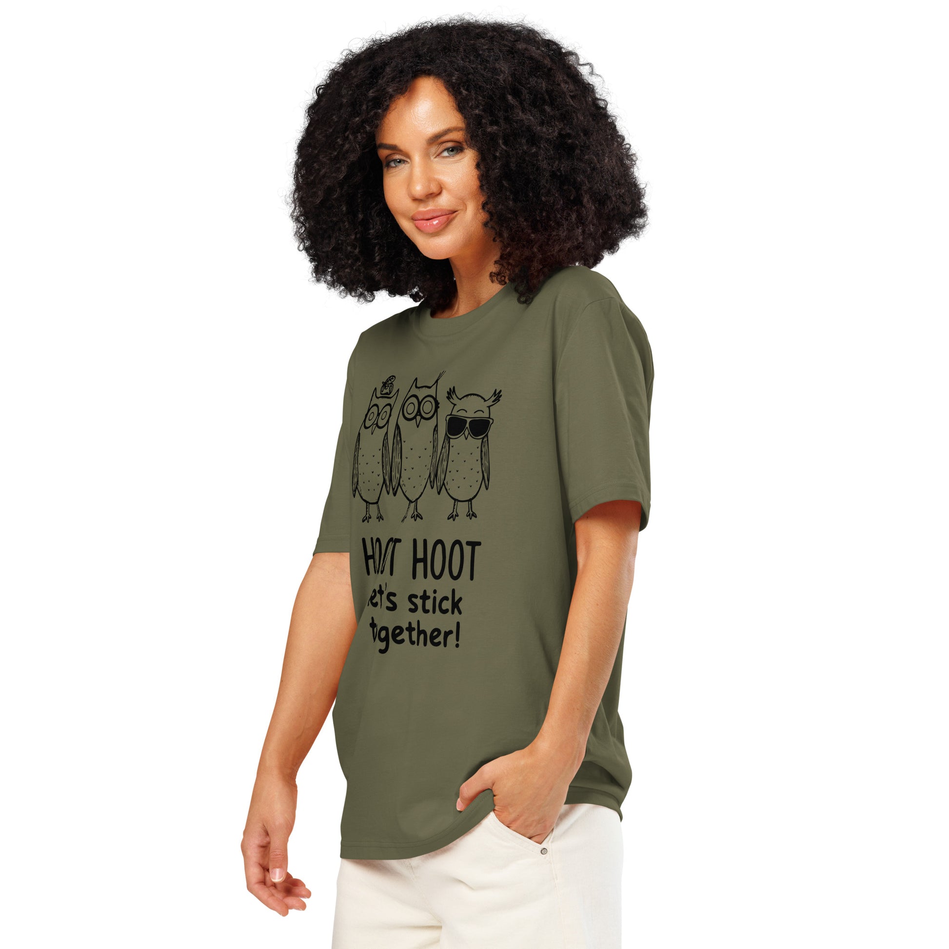 Unisex Organic Ribbed Neck T-Shirt: Hoot Hoot Let’s Stick Together! | Owl-Themed Sustainable Fashion USA Dudeily