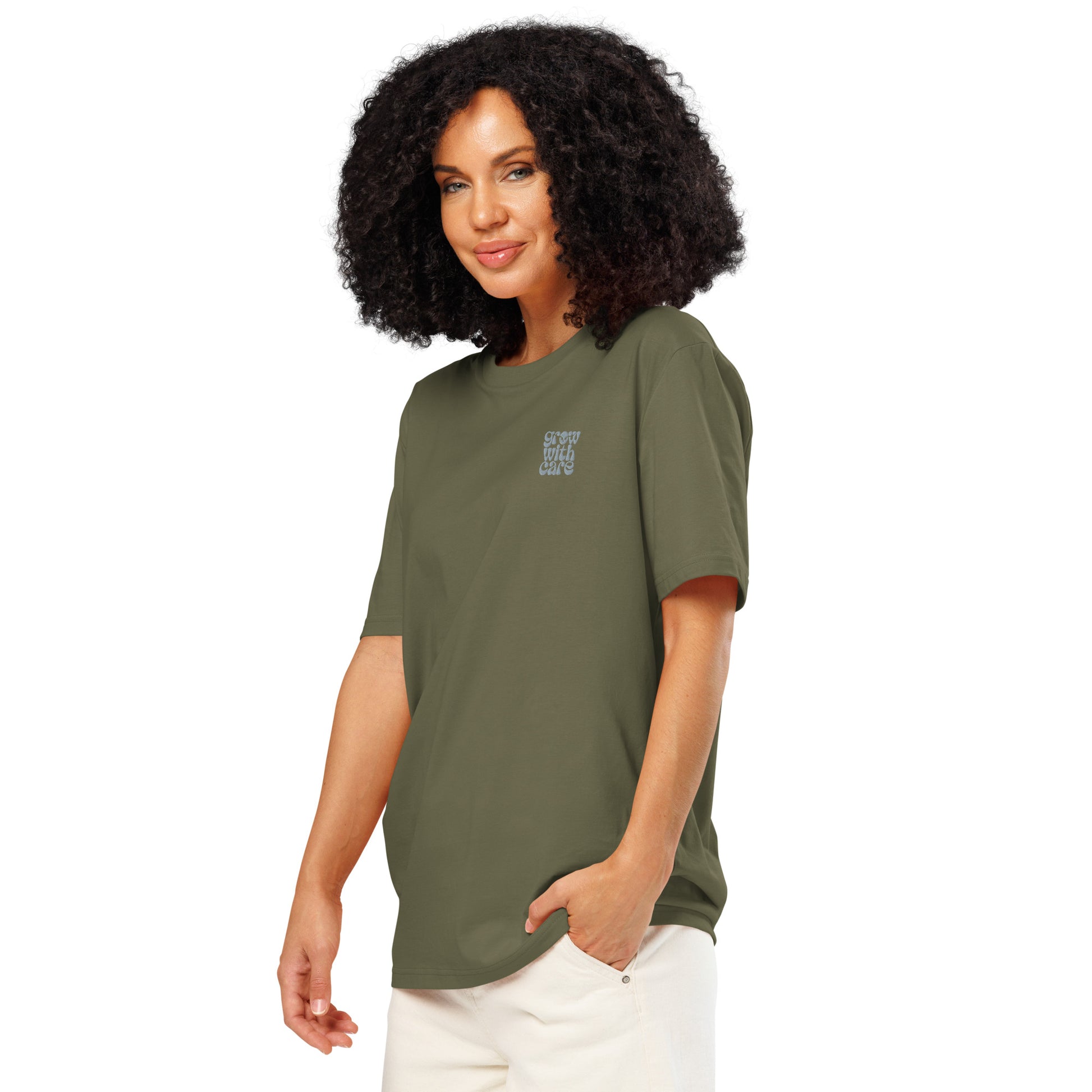 Eco-Friendly Owl Clothing Embroidered Unisex Organic Ribbed Neck T-Shirt "Grow With Care" Dudeily