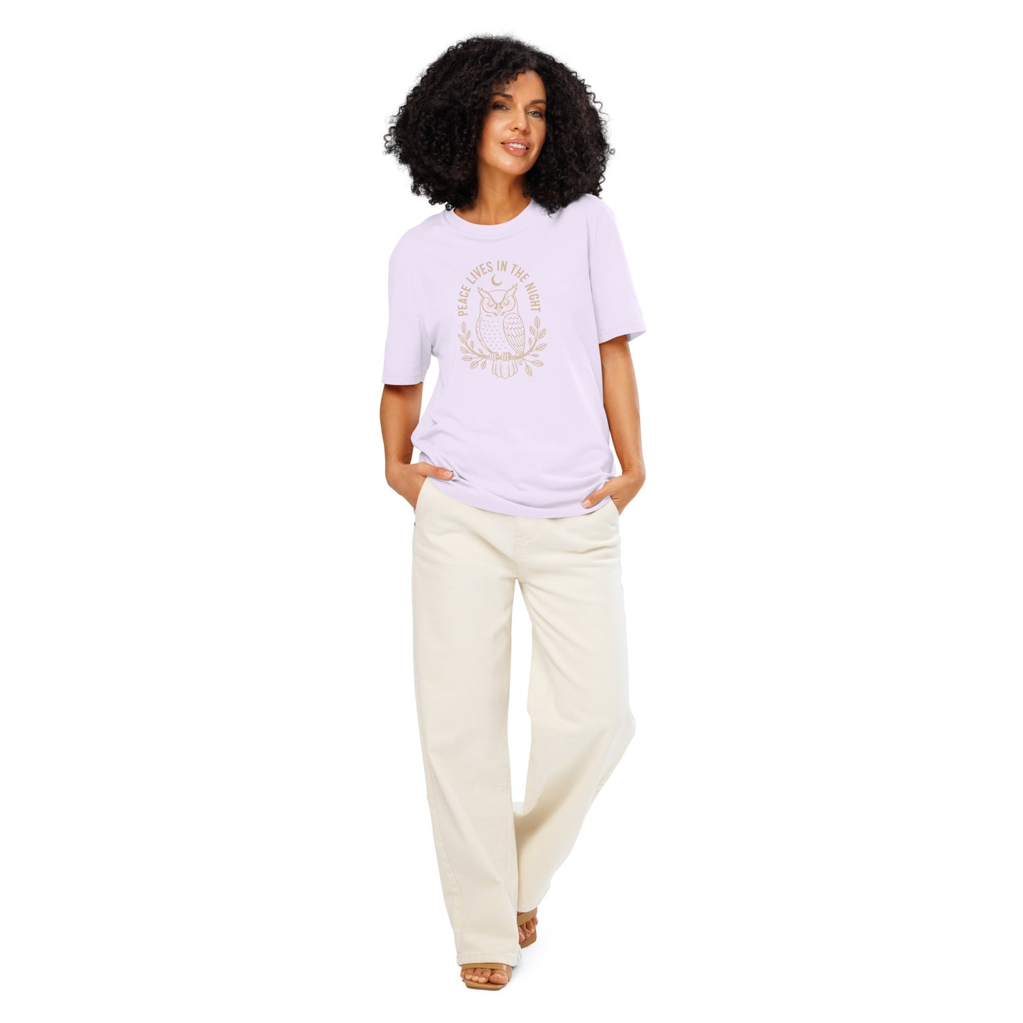 Unisex Organic Ribbed Neck T-Shirt: 'Peace in the Night' | Sustainable Owl Fashion USA Lavender Dudeily