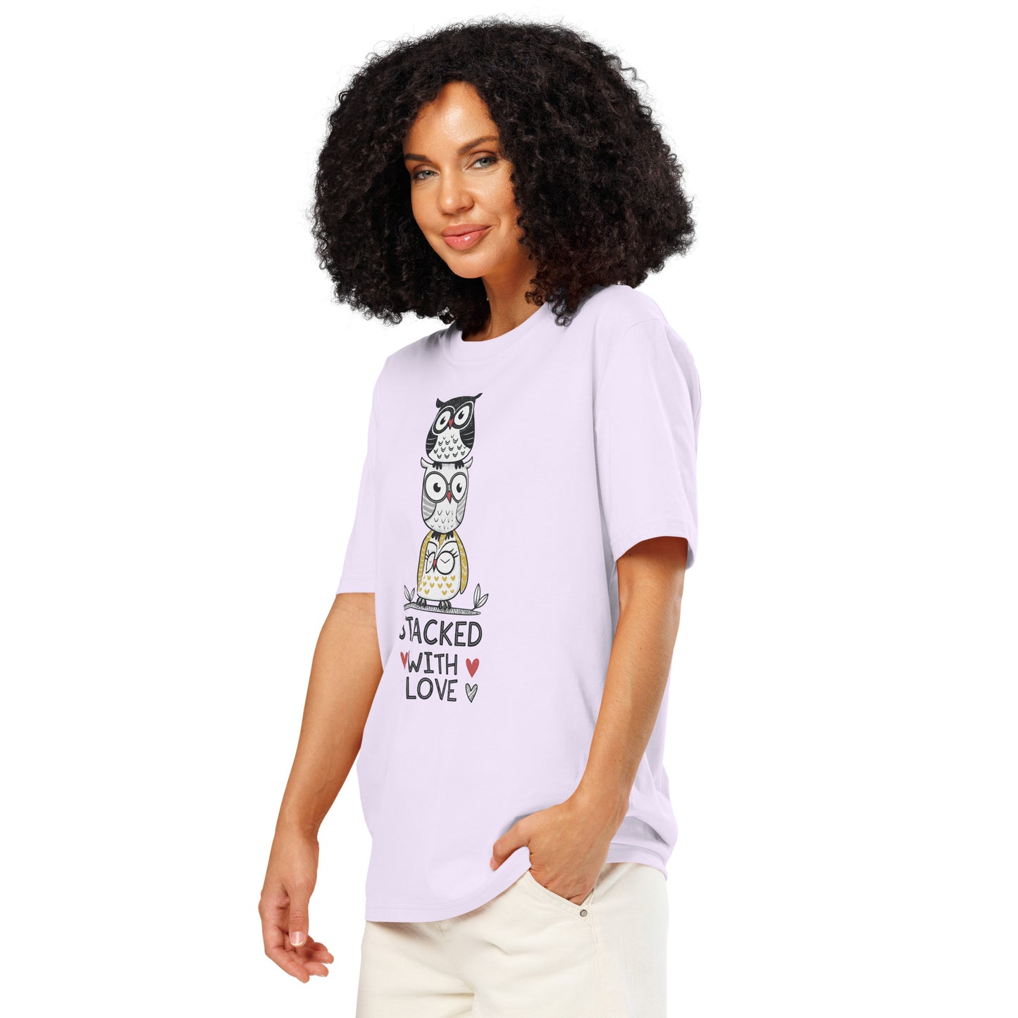 Unisex Organic Ribbed Neck T-Shirt: Stacked with Love | Owl-Themed Sustainable Fashion USA by Dudeily Dudeily