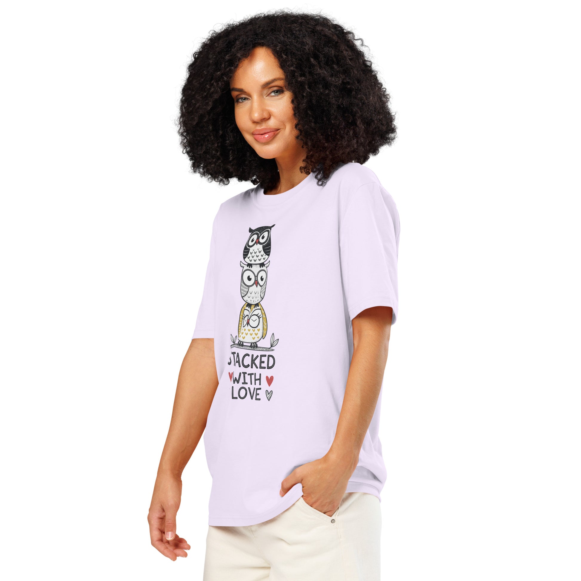 Unisex Organic Ribbed Neck T-Shirt: Stacked with Love | Owl-Themed Sustainable Fashion USA by Dudeily Dudeily
