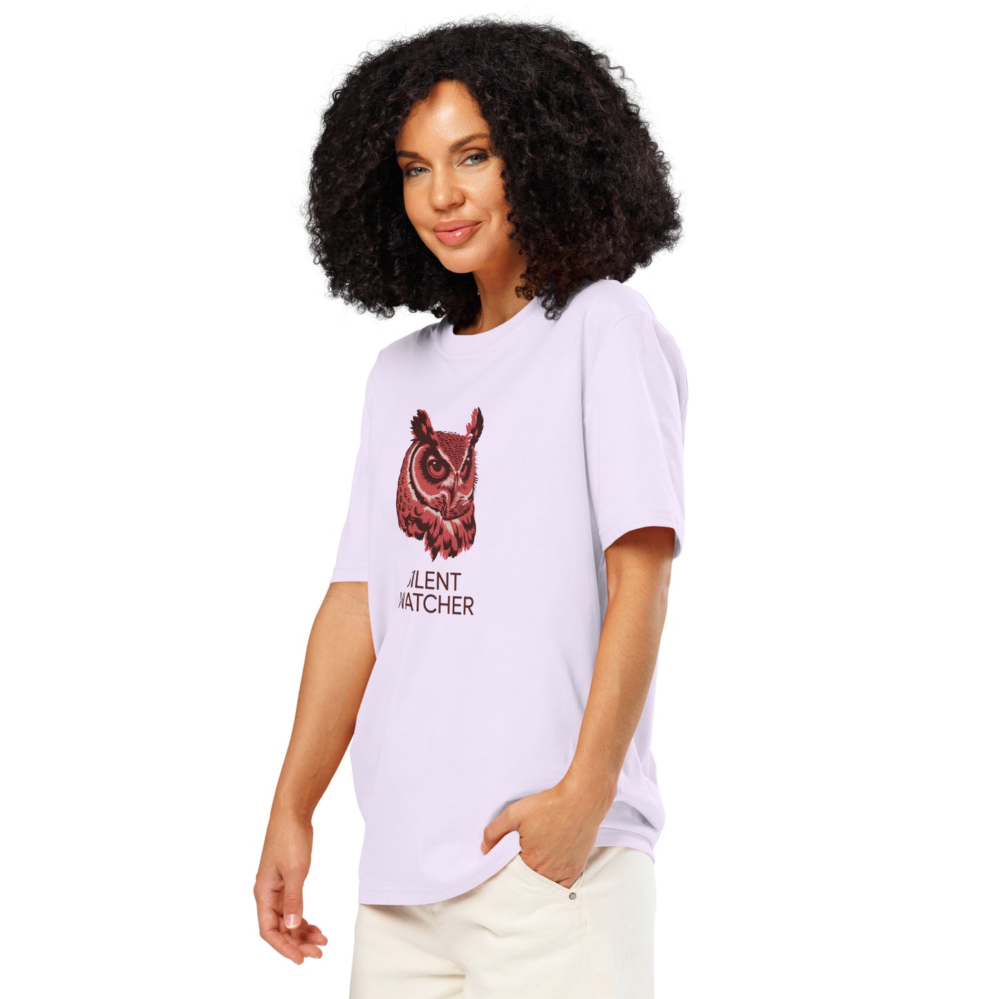 Unisex Organic Ribbed Neck T-Shirt: 'Silent Watcher' | Eco-Friendly Owl Apparel USA Lavender Dudeily