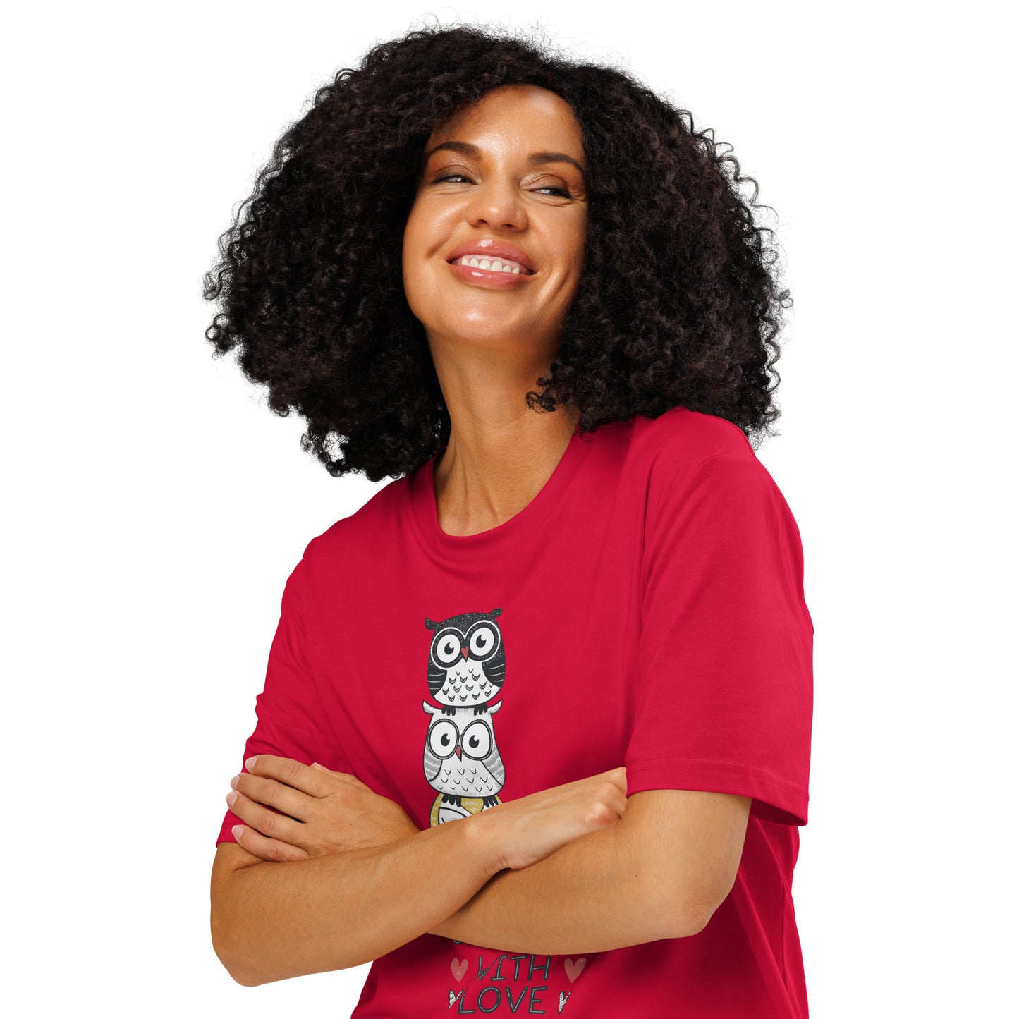 Unisex Organic Ribbed Neck T-Shirt: Stacked with Love | Owl-Themed Sustainable Fashion USA by Dudeily Dudeily
