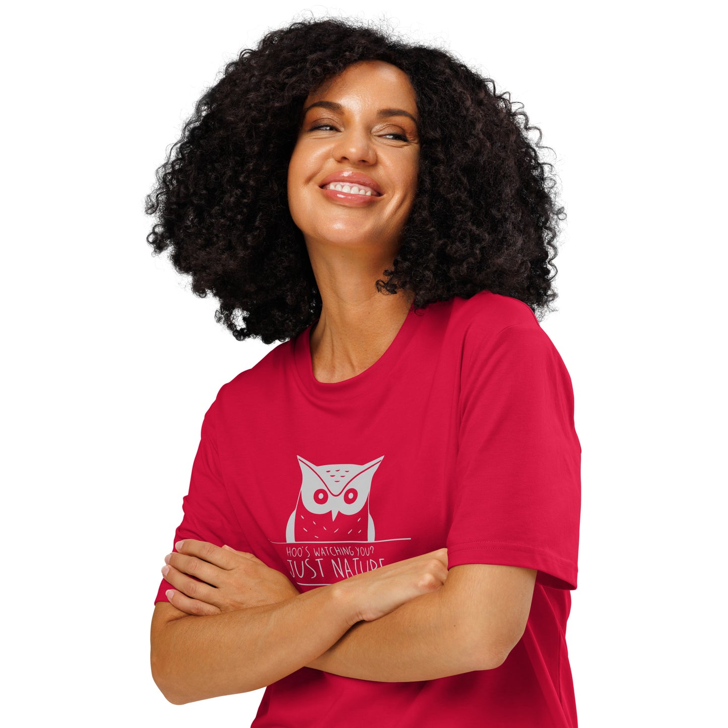 Ribbed Neck T-Shirt: 'Hoo’s Watching You? Just Nature' | Eco-Friendly Owl Apparel USA Red Dudeily
