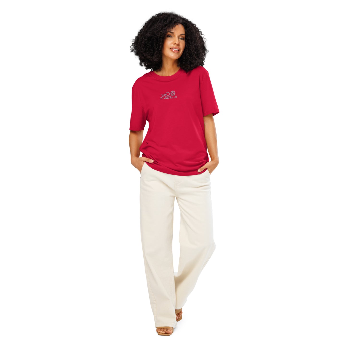 Unisex Organic Ribbed Neck T-Shirt: Nature Works Too | Owl Embroidered Sustainable Fashion USA Red Dudeily
