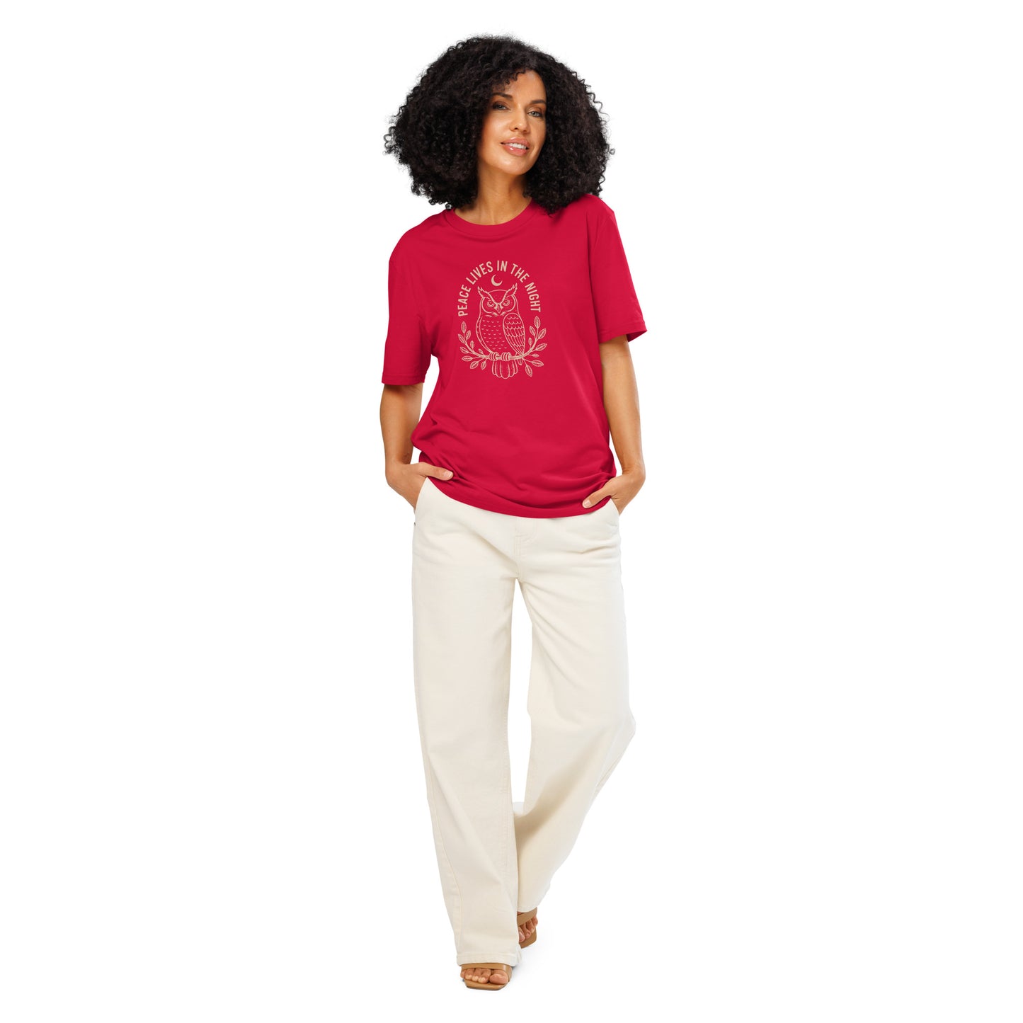 Unisex Organic Ribbed Neck T-Shirt: 'Peace in the Night' | Sustainable Owl Fashion USA Red Dudeily