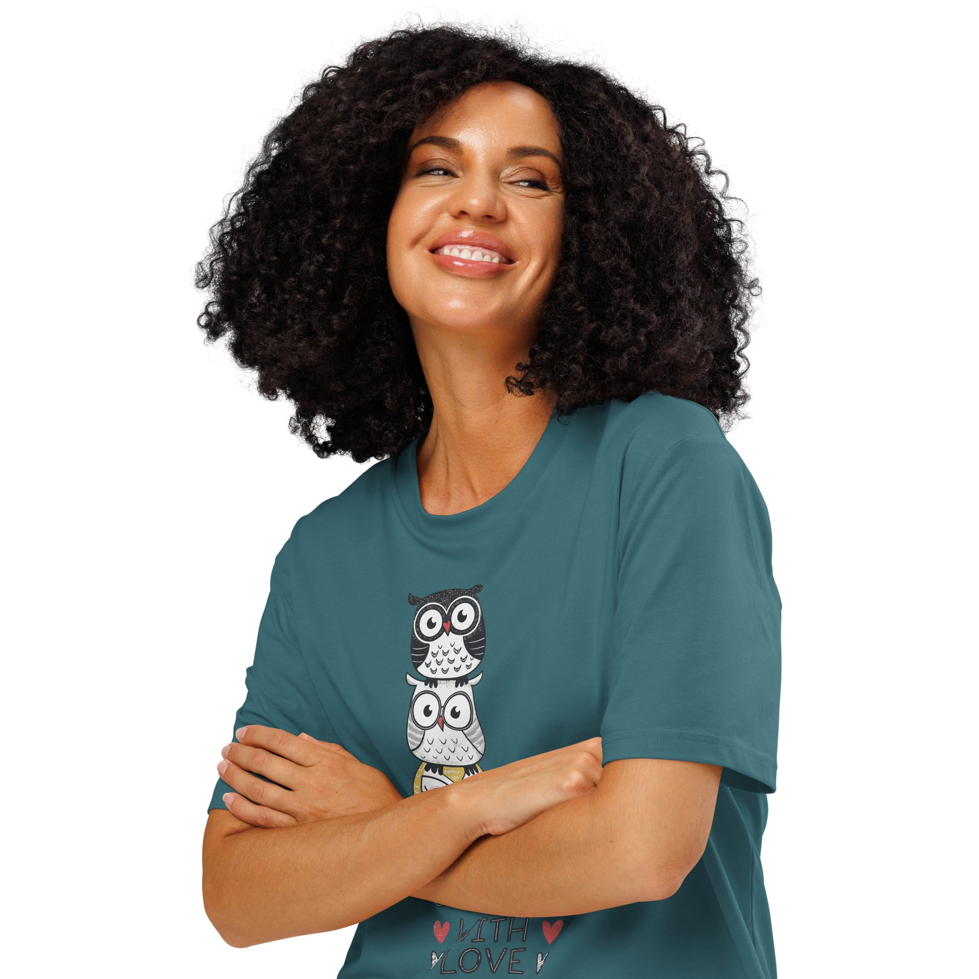 Unisex Organic Ribbed Neck T-Shirt: Stacked with Love | Owl-Themed Sustainable Fashion USA by Dudeily Dudeily