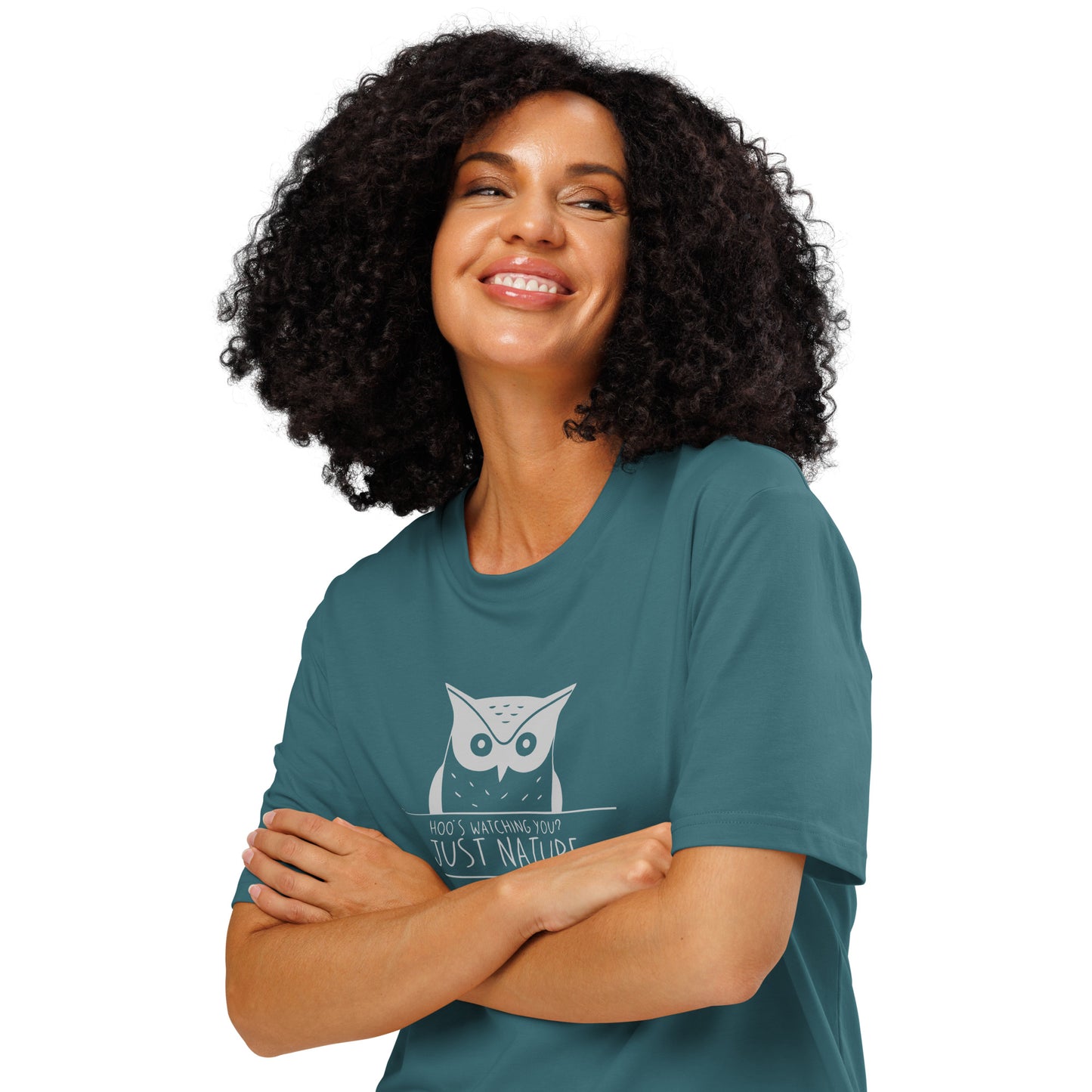 Ribbed Neck T-Shirt: 'Hoo’s Watching You? Just Nature' | Eco-Friendly Owl Apparel USA Stargazer Dudeily