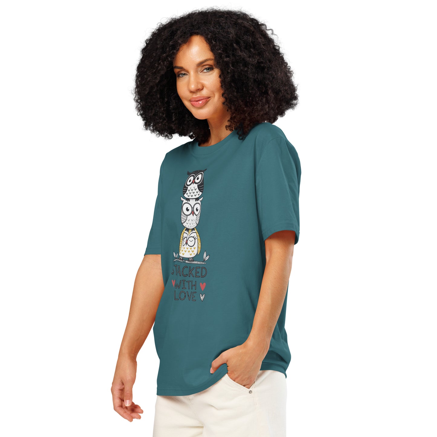 Unisex Organic Ribbed Neck T-Shirt: Stacked with Love | Owl-Themed Sustainable Fashion USA by Dudeily Dudeily
