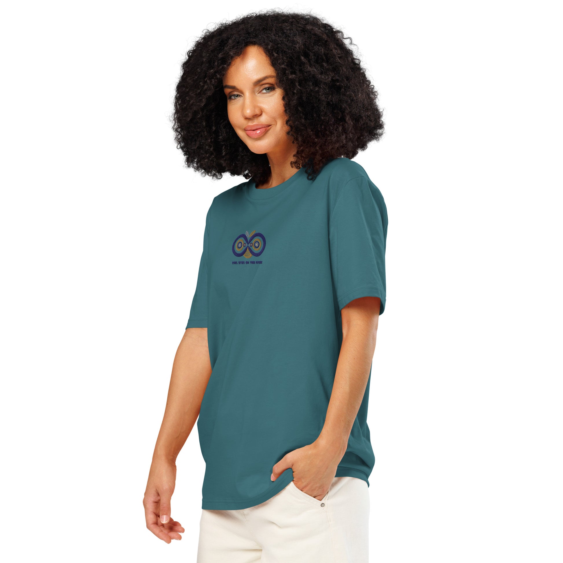 Embroidered Unisex Organic Ribbed Neck T-Shirt – Owl Eyes on the Future | Owl-Themed Sustainable Fashion USA Dudeily
