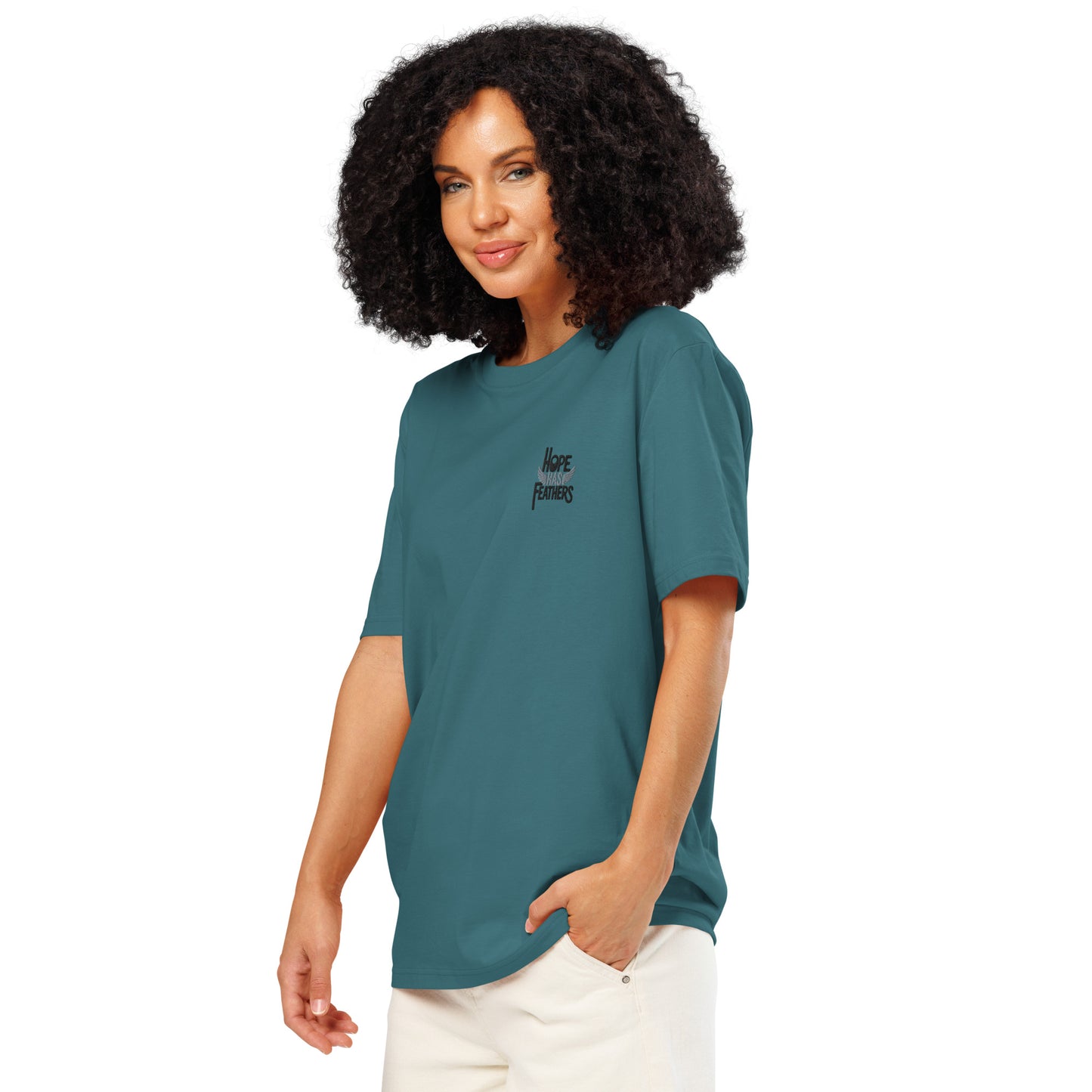 Eco-Friendly Owl Clothing Embroidered Unisex Organic Ribbed Neck T-Shirt "Hope Has Feathers" Dudeily