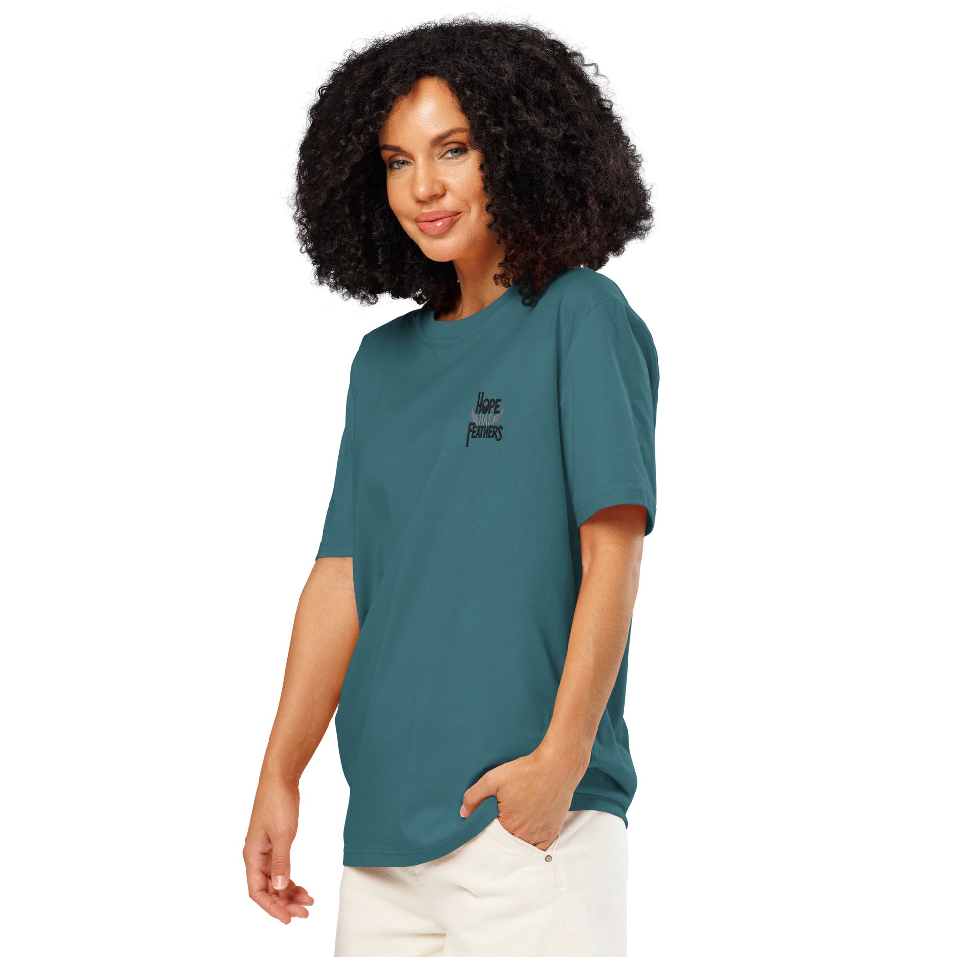 Eco-Friendly Owl Clothing Embroidered Unisex Organic Ribbed Neck T-Shirt "Hope Has Feathers" Dudeily