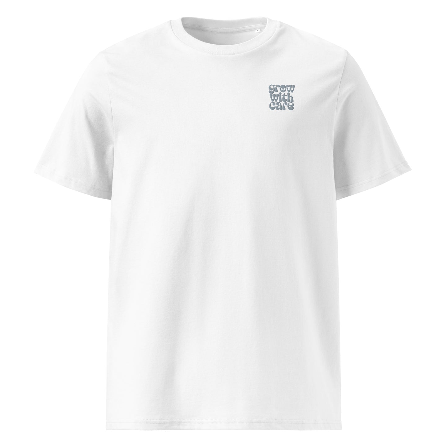 Eco-Friendly Owl Clothing Embroidered Unisex Organic Ribbed Neck T-Shirt "Grow With Care" White Dudeily