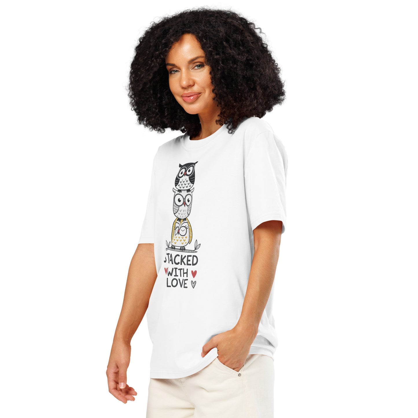 Unisex Organic Ribbed Neck T-Shirt: Stacked with Love | Owl-Themed Sustainable Fashion USA by Dudeily Dudeily