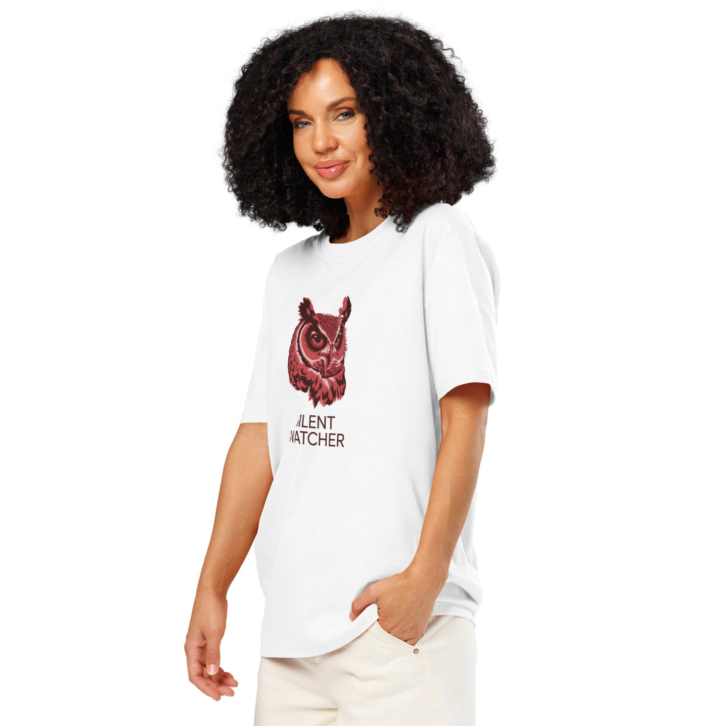 Unisex Organic Ribbed Neck T-Shirt: 'Silent Watcher' | Eco-Friendly Owl Apparel USA White Dudeily