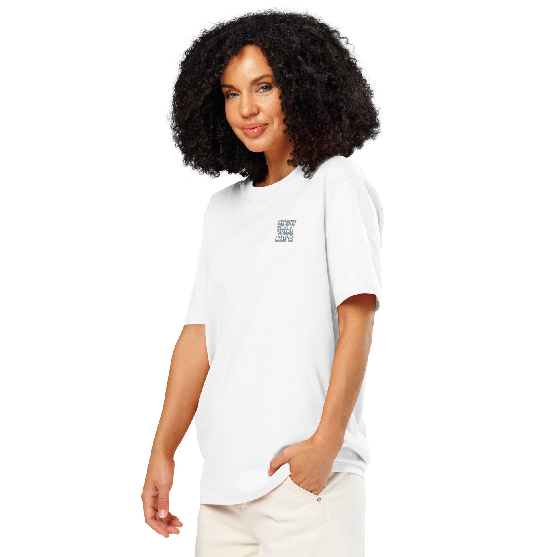 Eco-Friendly Owl Clothing Embroidered Unisex Organic Ribbed Neck T-Shirt "Grow With Care" Dudeily