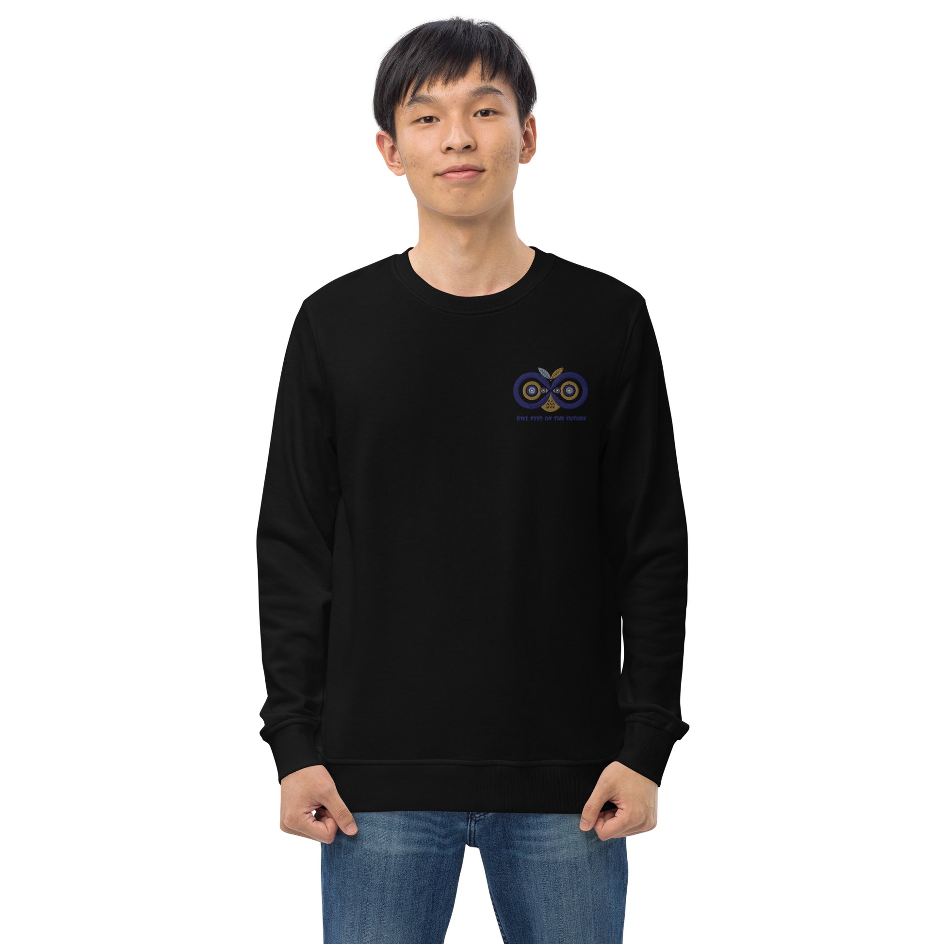Unisex Organic Sweatshirt: Owl Eyes on the Future | Owl Embroidered Sustainable Fashion USA Dudeily