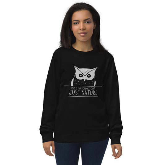 Unisex Organic Sweatshirt: 'Hoo's Watching You? Just Nature' | Sustainable Owl Fashion USA Black Dudeily