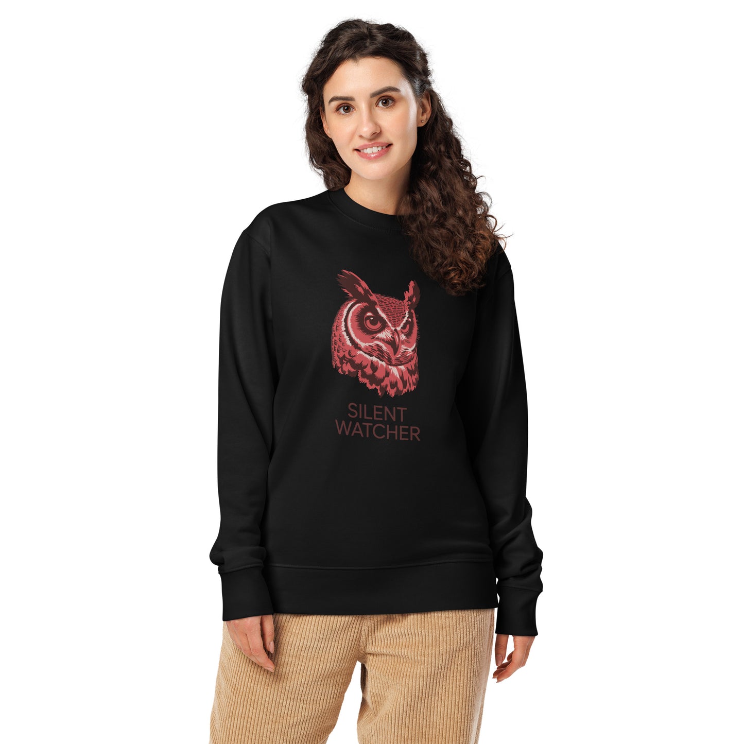 Unisex Organic Sweatshirt: 'Silent Watcher' in Fall | Ethical Owl Clothing USA Black Dudeily
