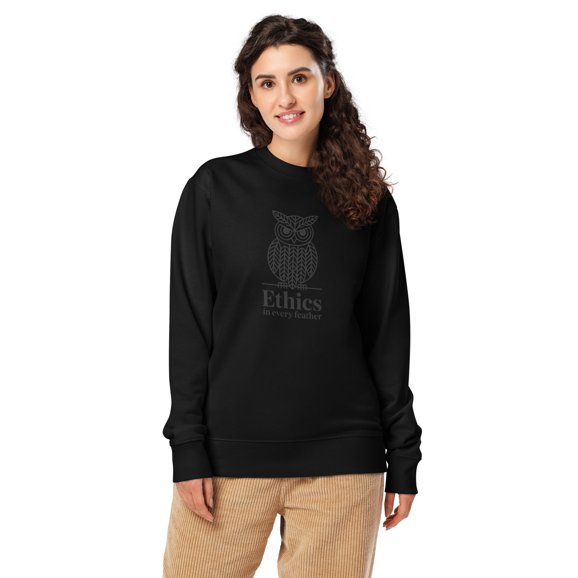 Unisex Organic Sweatshirt: 'Ethics in Every Feather' for Fall | Eco-Friendly Owl Apparel USA Black Dudeily