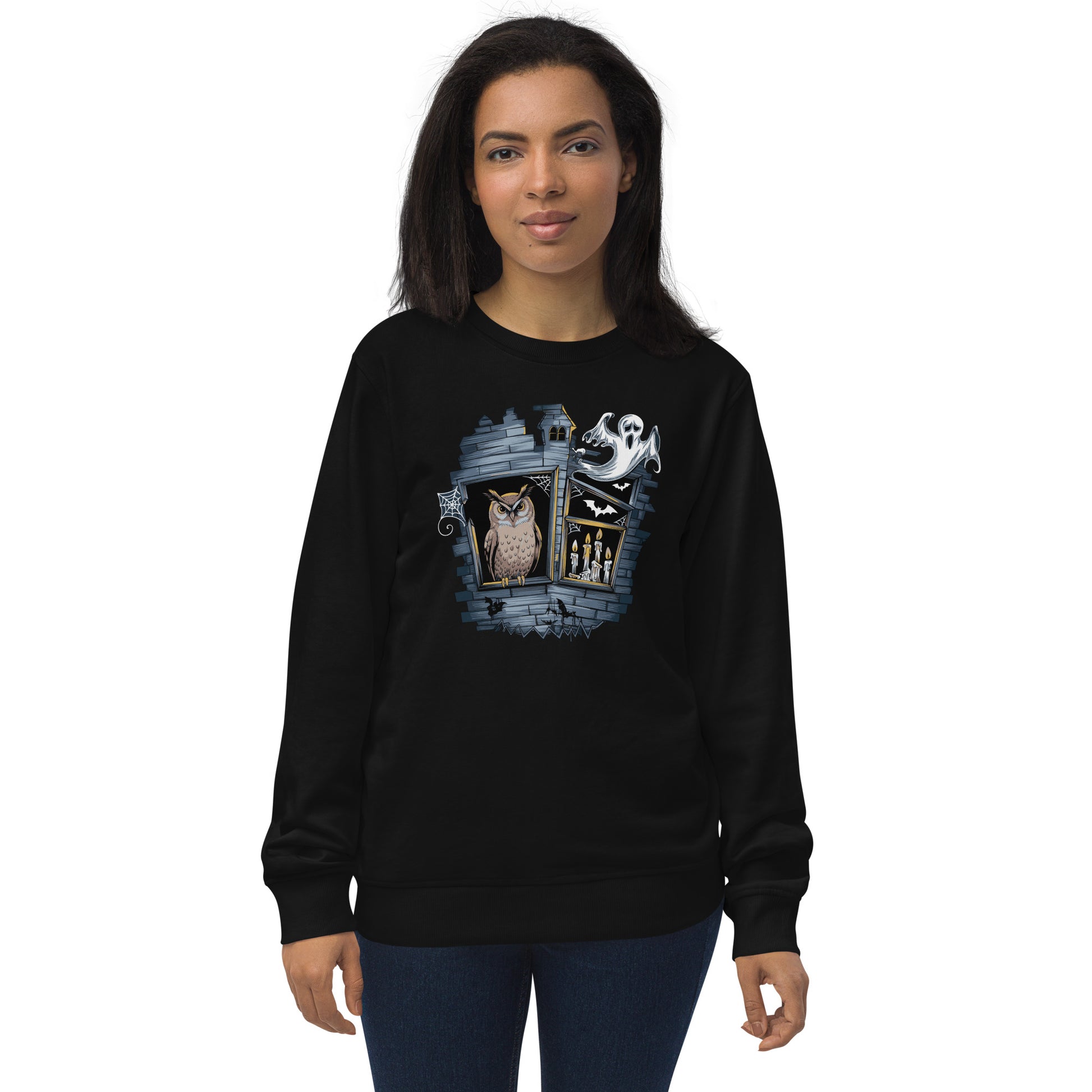 Unisex Organic Sweatshirt: Halloween Owl Cozy Eco-Friendly Style USA Black Dudeily