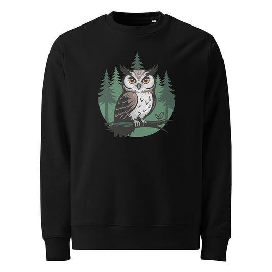 Unisex Organic Sweatshirt – Woodland Owl Print | Eco-Friendly Owl Clothing Black Dudeily