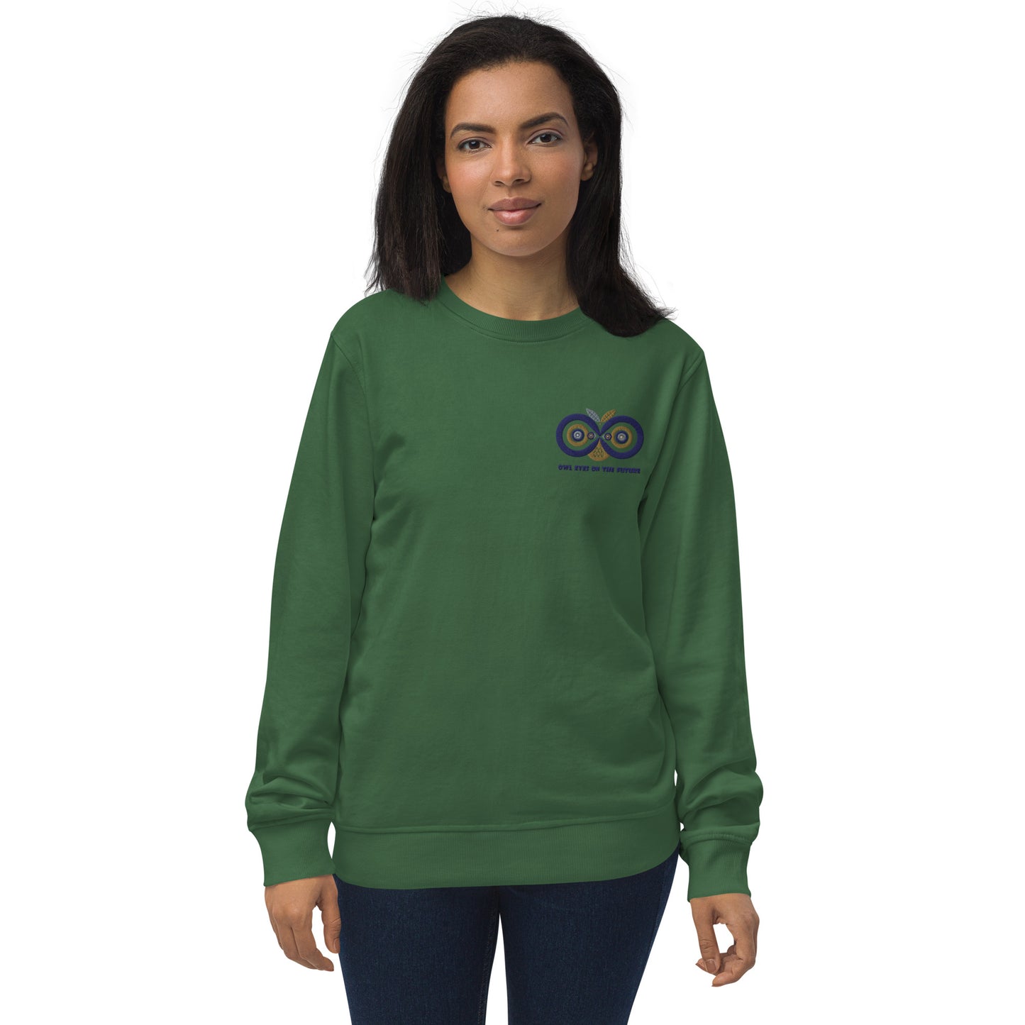 Unisex Organic Sweatshirt: Owl Eyes on the Future | Owl Embroidered Sustainable Fashion USA Bottle Green Dudeily