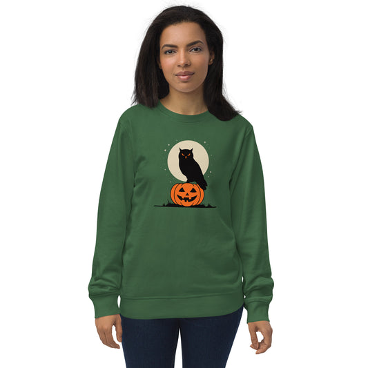 Unisex Organic Sweatshirt: Halloween Owl Cozy Eco-Friendly Style USA Bottle Green Dudeily