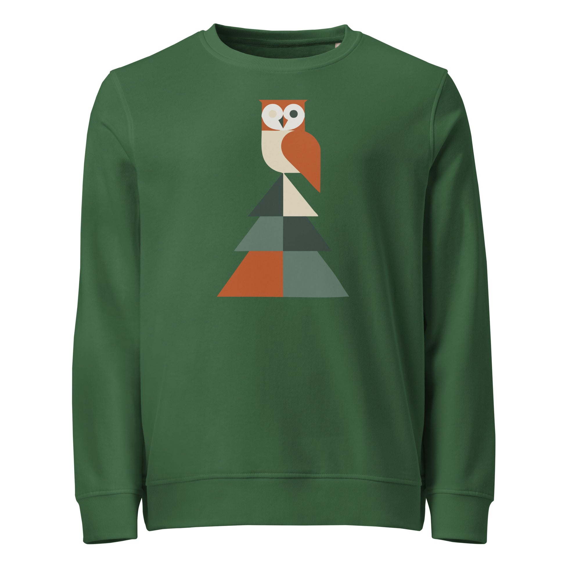 Unisex Organic Sweatshirt: Eco-Friendly Owl Print Ethical Cozy Winter Wear Bottle Green Dudeily