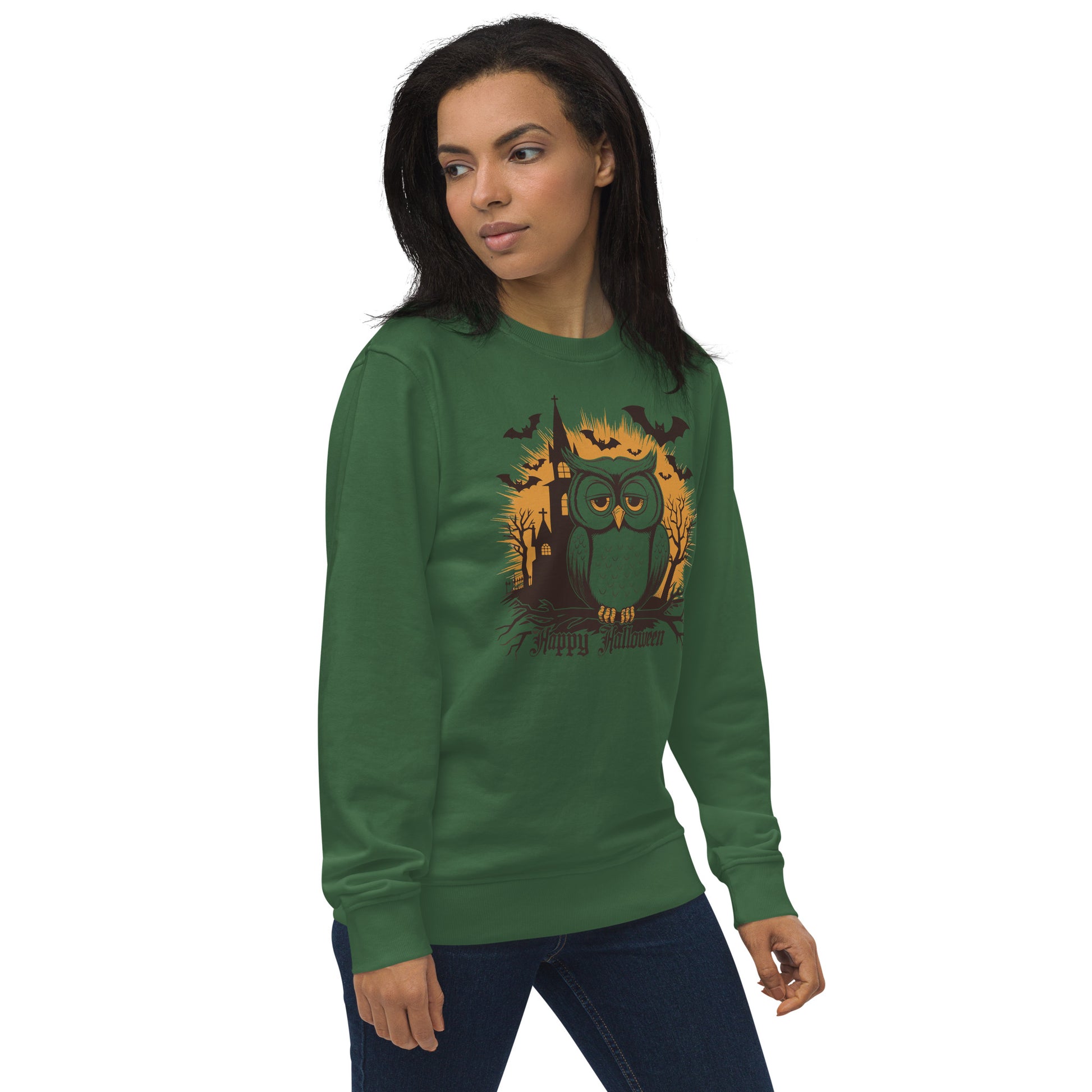Unisex Organic Sweatshirt: Halloween Owl Cozy Eco-Friendly Style USA Dudeily