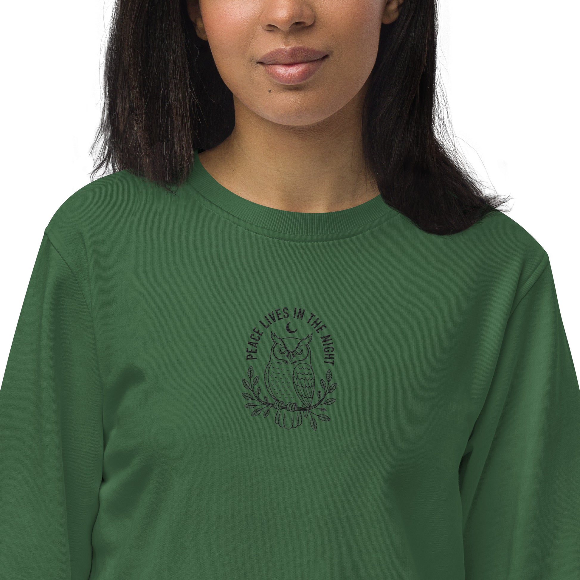 Owl Unisex Organic Sweatshirt – 'Peace Lives in the Night' in Fall | Sustainable Fashion USA Dudeily