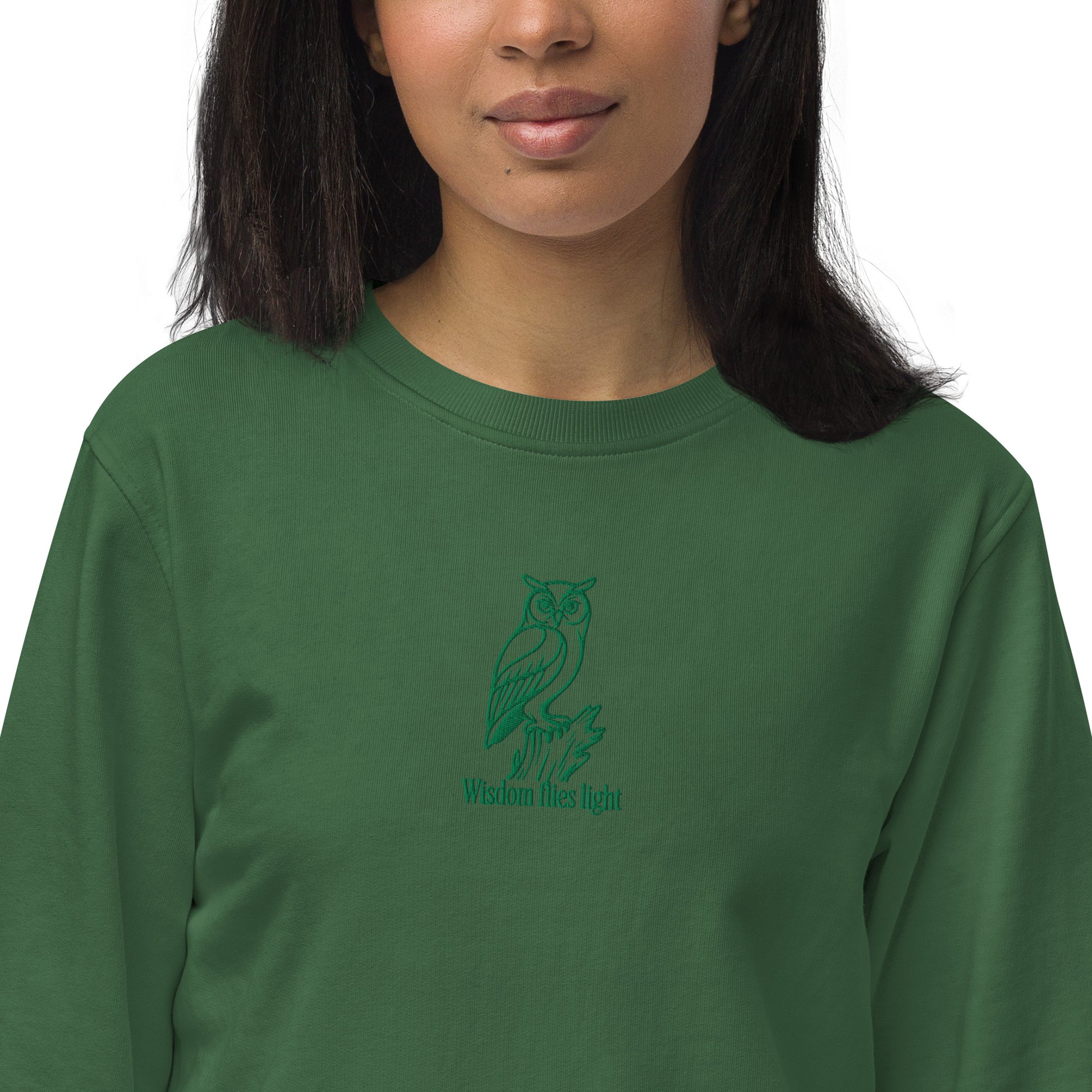 Owl Unisex Organic Sweatshirt: 'Wisdom Flies Light' in Fall | Sustainable Fashion USA Dudeily