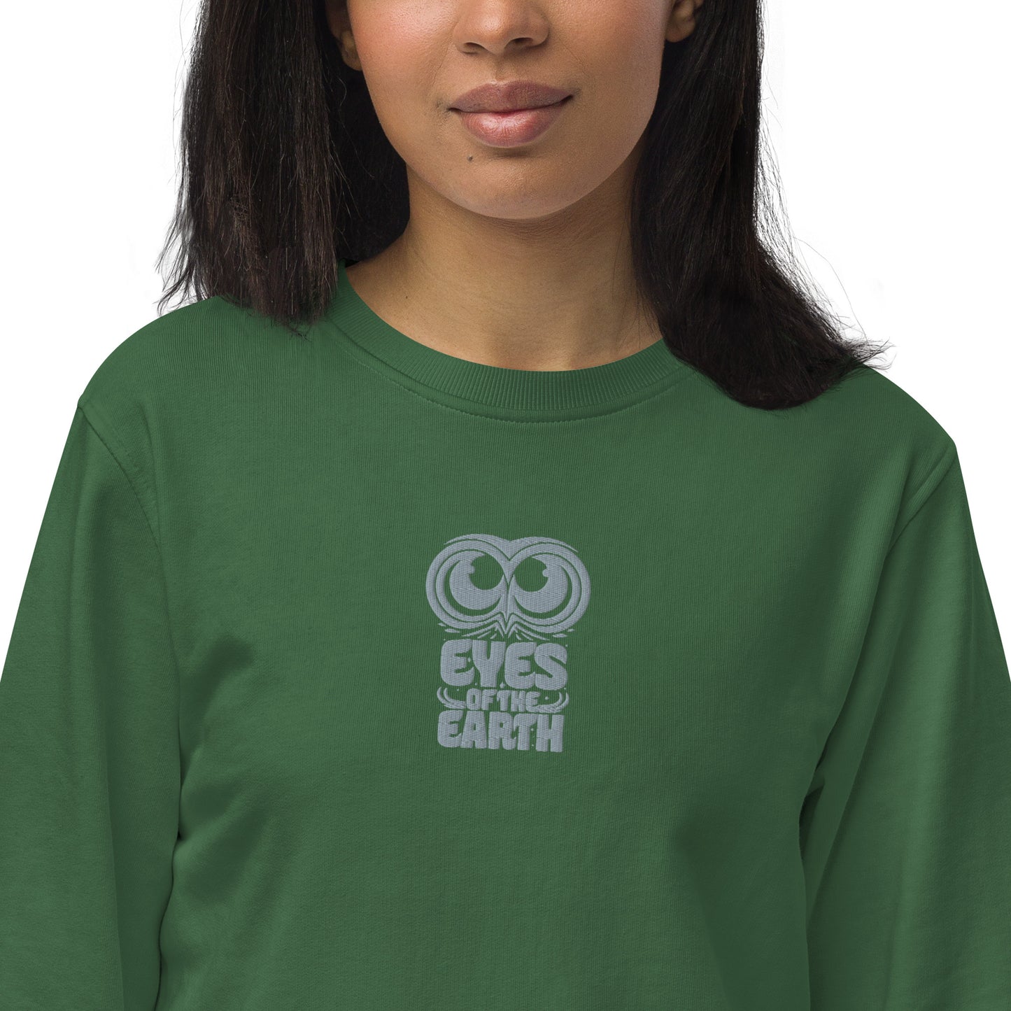 Owl Unisex Organic Sweatshirt: 'Eyes of the Earth' in Fall | Sustainable Fashion USA Bottle Green Dudeily