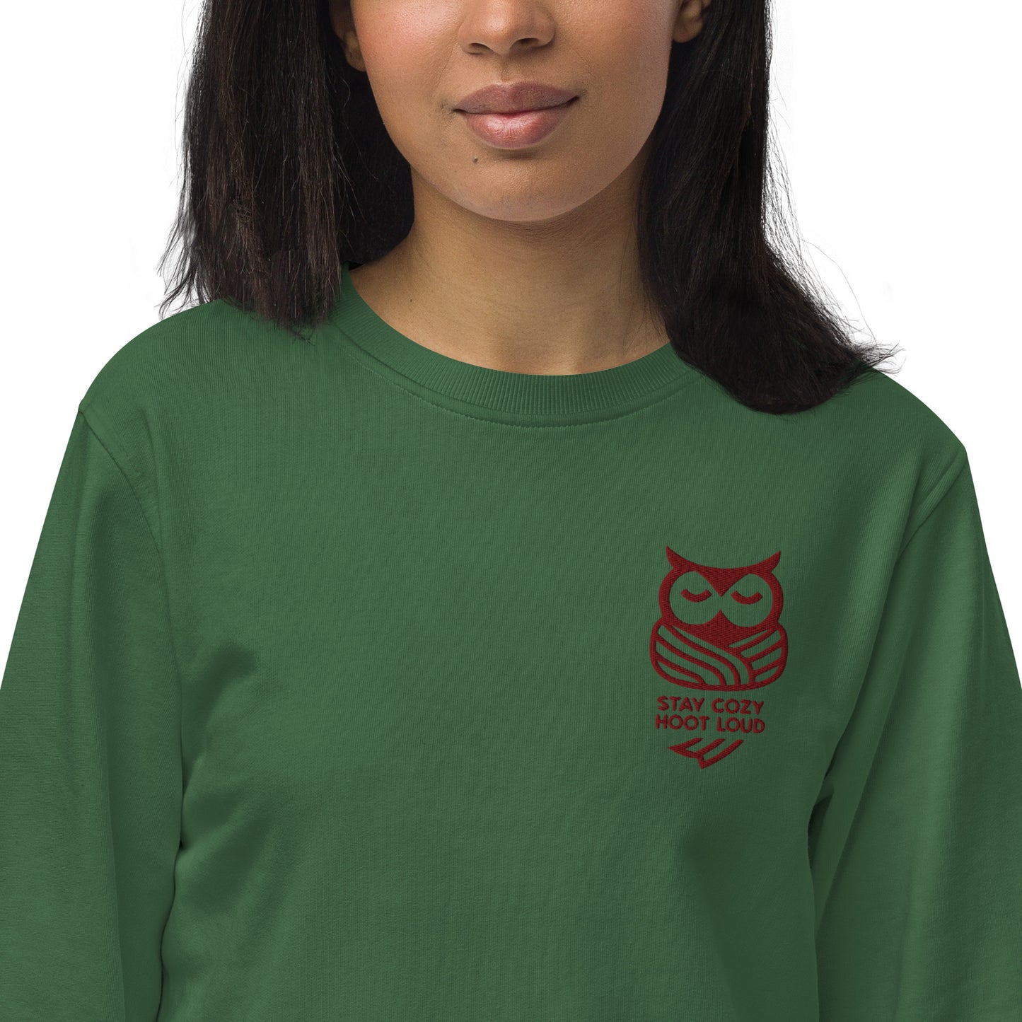 Owl Unisex Organic Sweatshirt: 'Stay Cozy Hoot Loud' in Fall | Sustainable Owl Fashion USA Bottle Green Dudeily